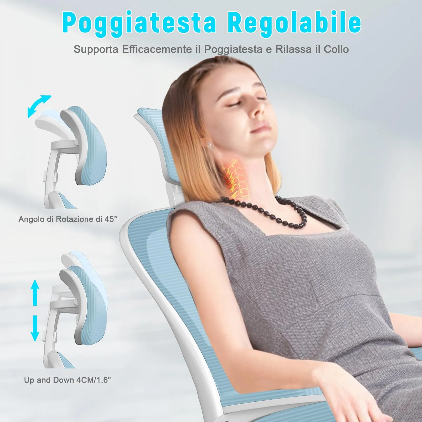 Rattantree Sedia da Ufficio Ergonomica con Poggiatesta Regolabile, Blu - immagine 5