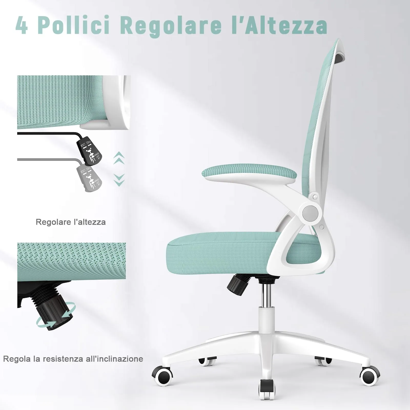 Rattantree Sedia da Ufficio con Supporto Lombare e Braccioli Regolabili, Verde - immagine 2