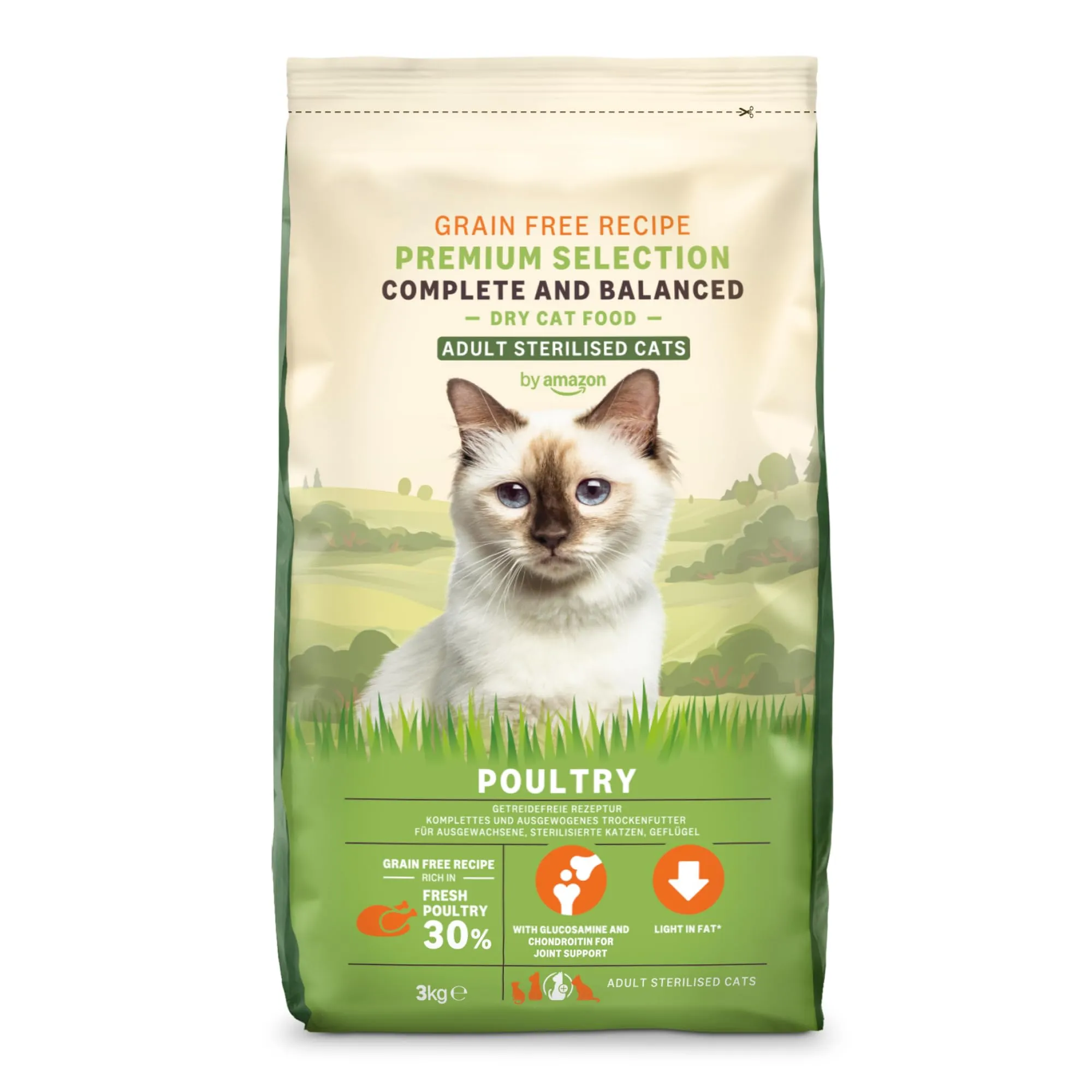 Amazon Cibo secco per gatti senza cereali Sterilizzato/Leggero con pollo fresco, 3 kg - immagine 1