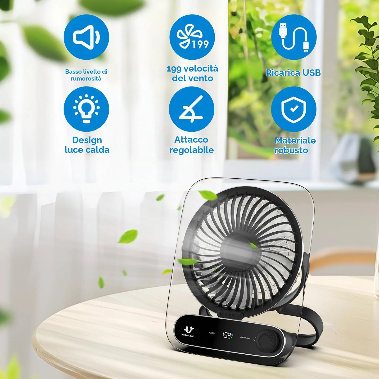 Simpeak Ventilatore da Tavolo USB Portatile, 199 Velocità, Batteria 3000mAh, Nero - immagine 4