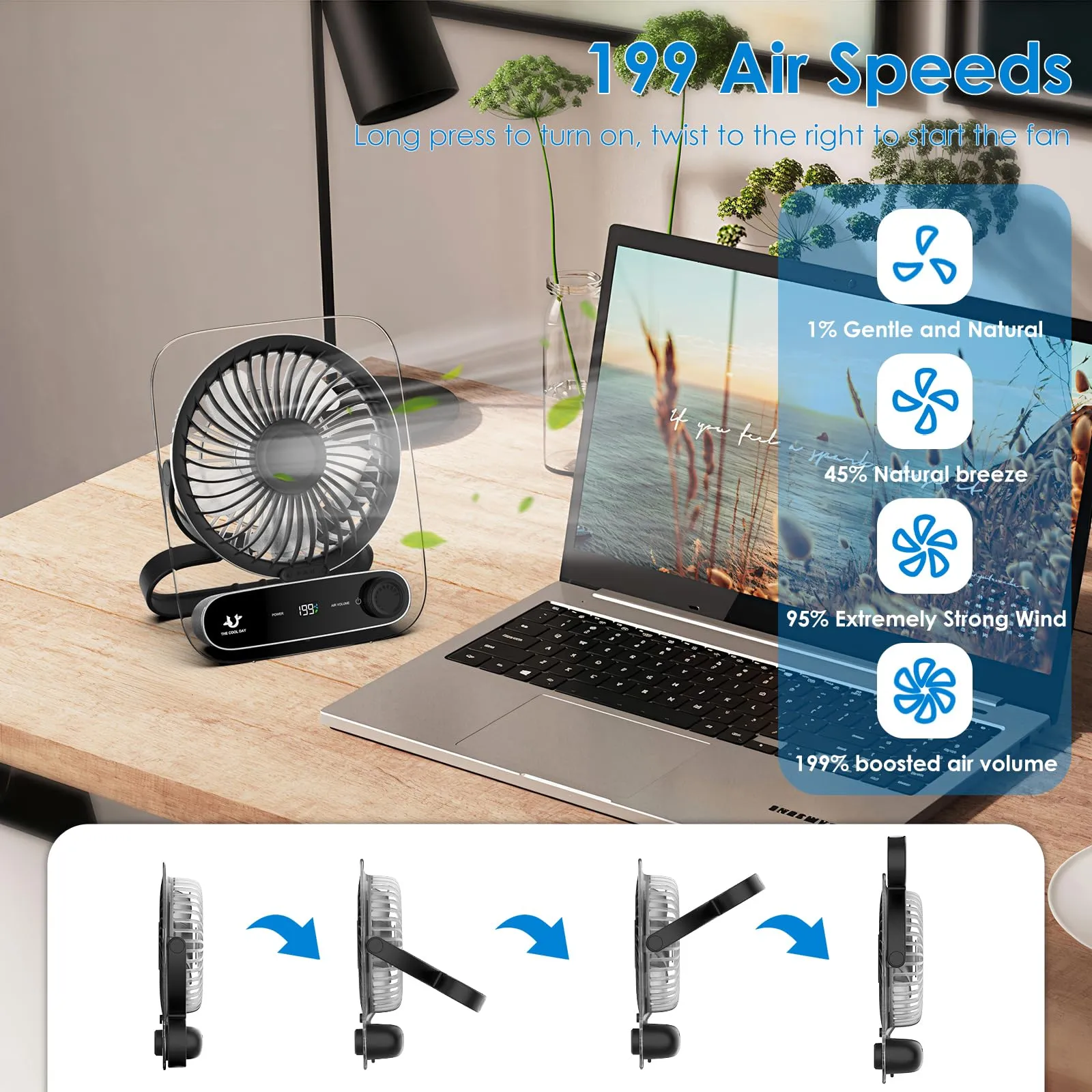 Simpeak Ventilatore da Tavolo USB Portatile, 199 Velocità, Batteria 3000mAh, Nero - immagine 6
