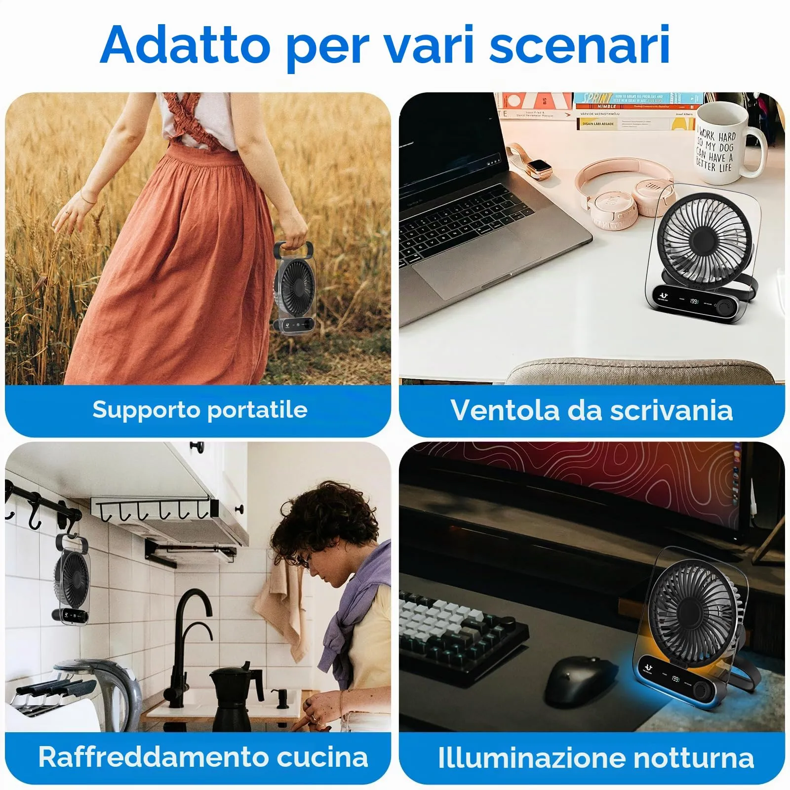 Simpeak Ventilatore da Tavolo USB Portatile, 199 Velocità, Batteria 3000mAh, Nero - immagine 7
