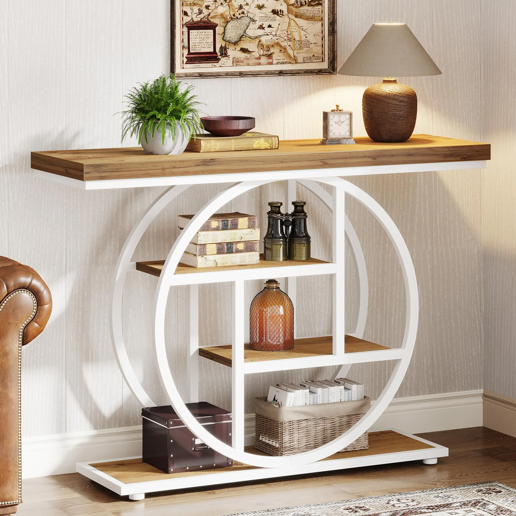 Tribesigns Tavolo Consolle Industriale a 4 Ripiani con Base Circolare, 104,9 cm, Marrone Bianco - immagine 1