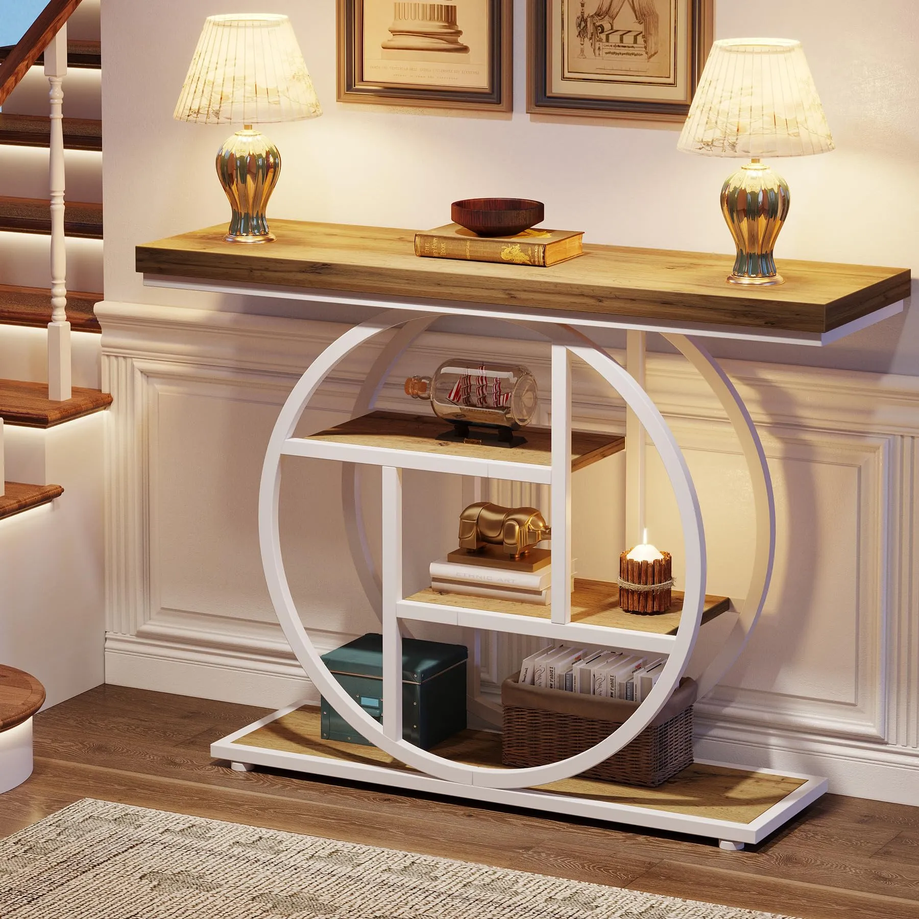 Tribesigns Tavolo Consolle Industriale a 4 Ripiani con Base Circolare, 104,9 cm, Marrone Bianco - immagine 3