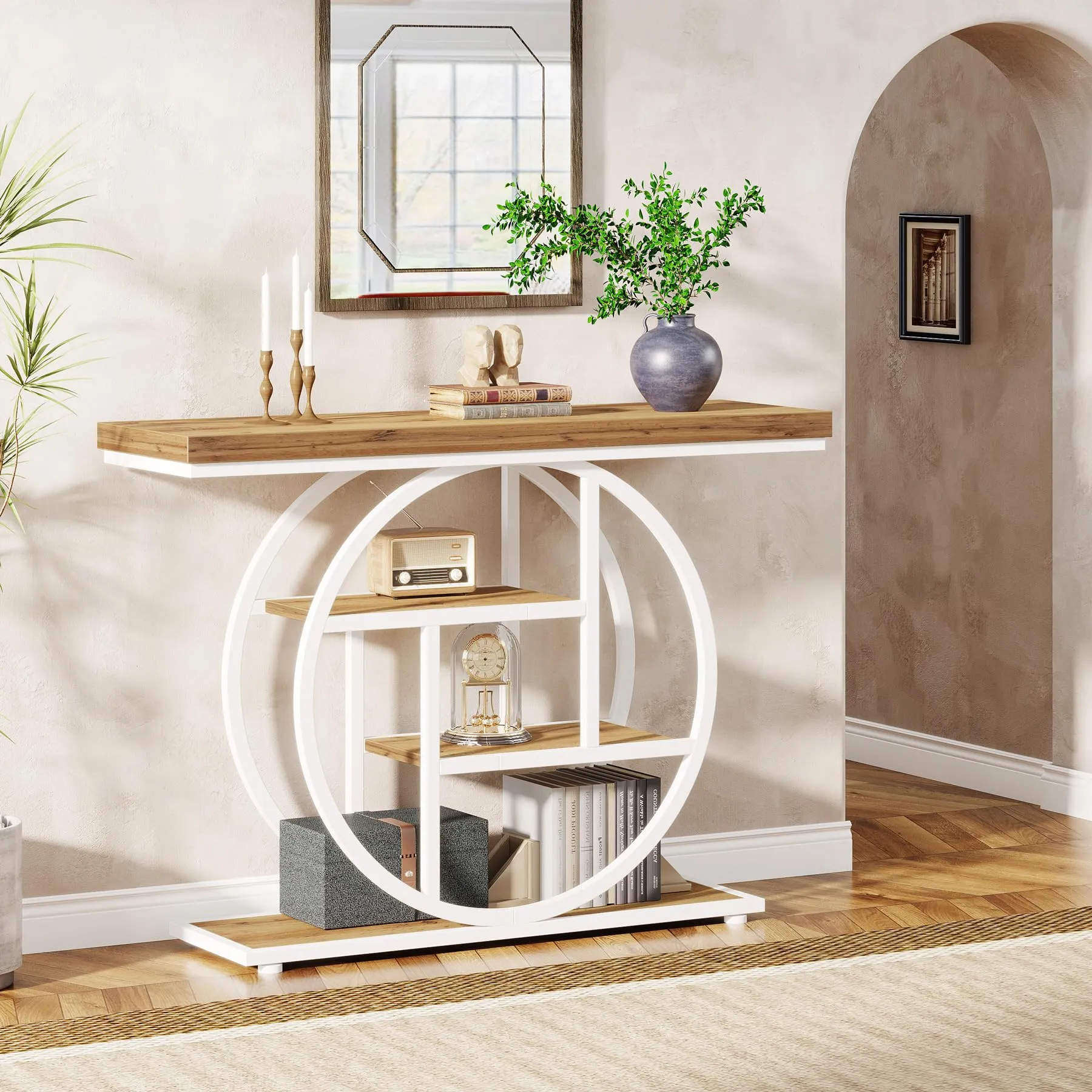 Tribesigns Tavolo Consolle Industriale a 4 Ripiani con Base Circolare, 104,9 cm, Marrone Bianco - immagine 4