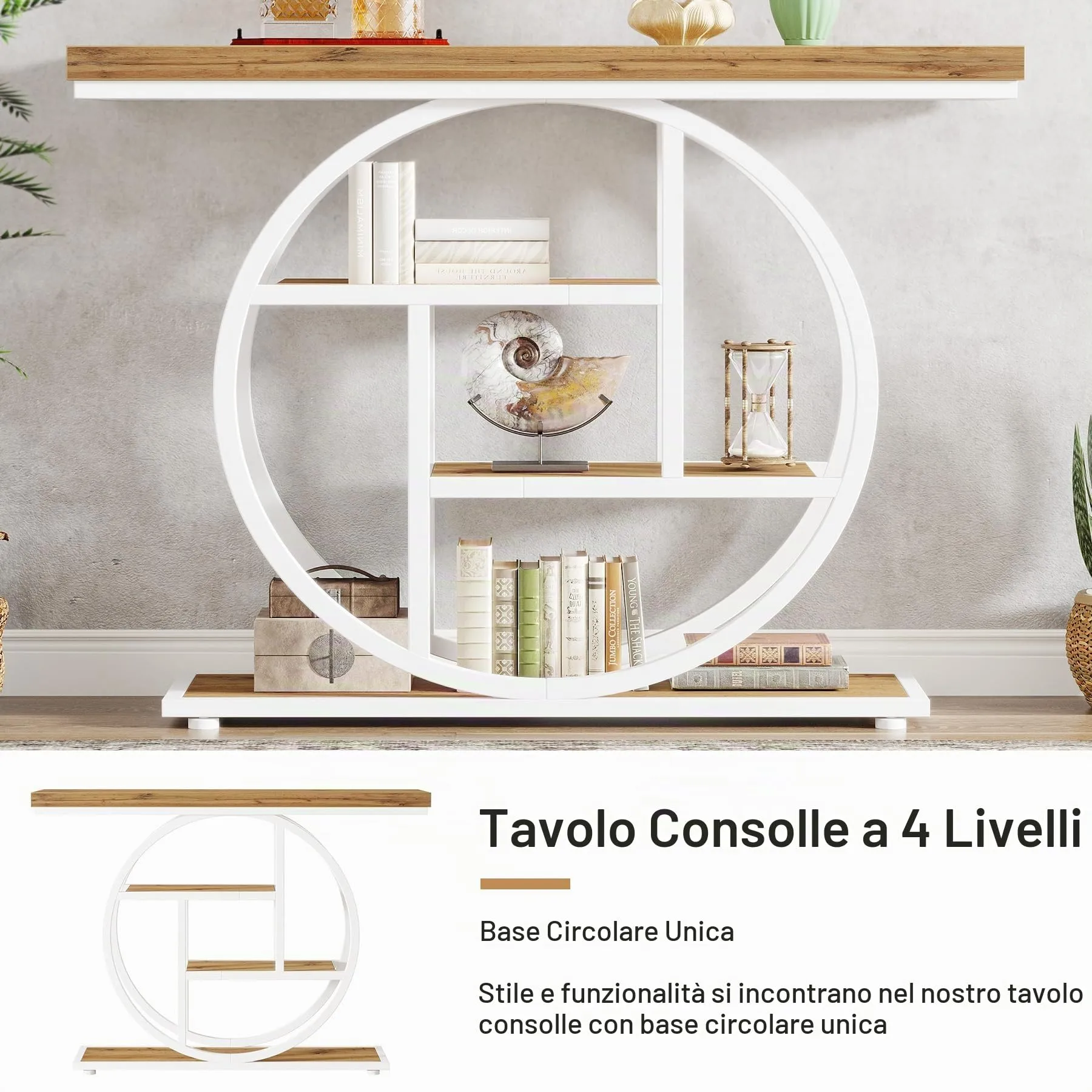 Tribesigns Tavolo Consolle Industriale a 4 Ripiani con Base Circolare, 104,9 cm, Marrone Bianco - immagine 6