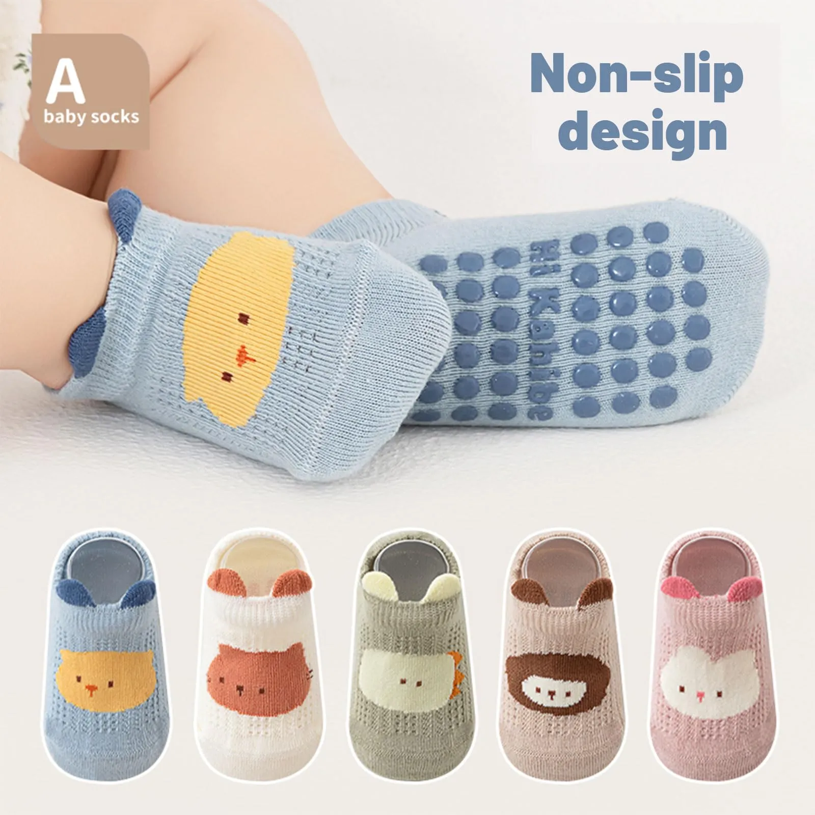 QIYIENDIAN Calzini a rete Antiscivolo in Cotone per bambini, 5 paia, 0-12M, Multicolor-Animal - immagine 2
