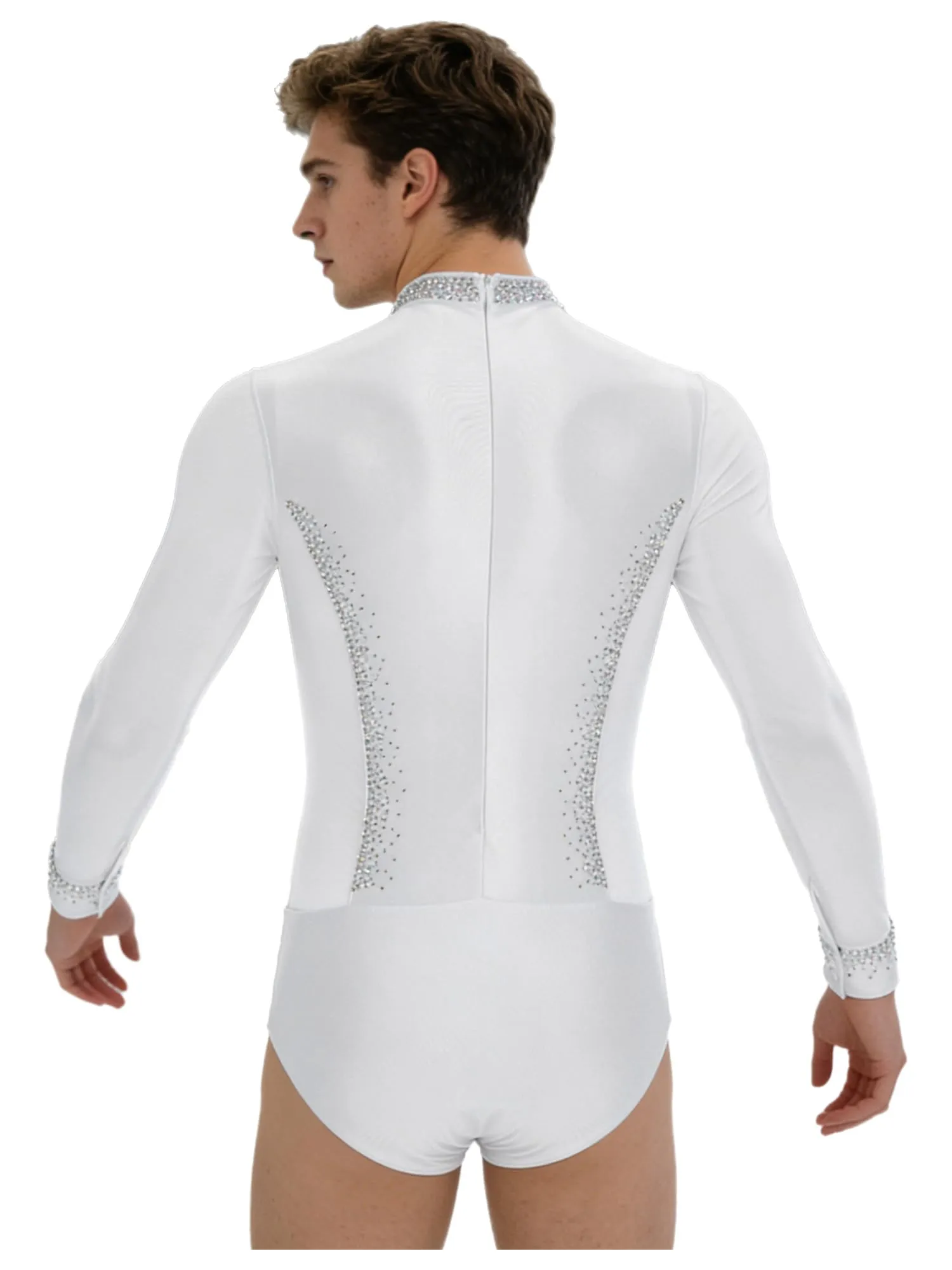 inhzoy Body da Ballo Uomo Latino Americano Tango con Strass, Bianco, XL - immagine 3