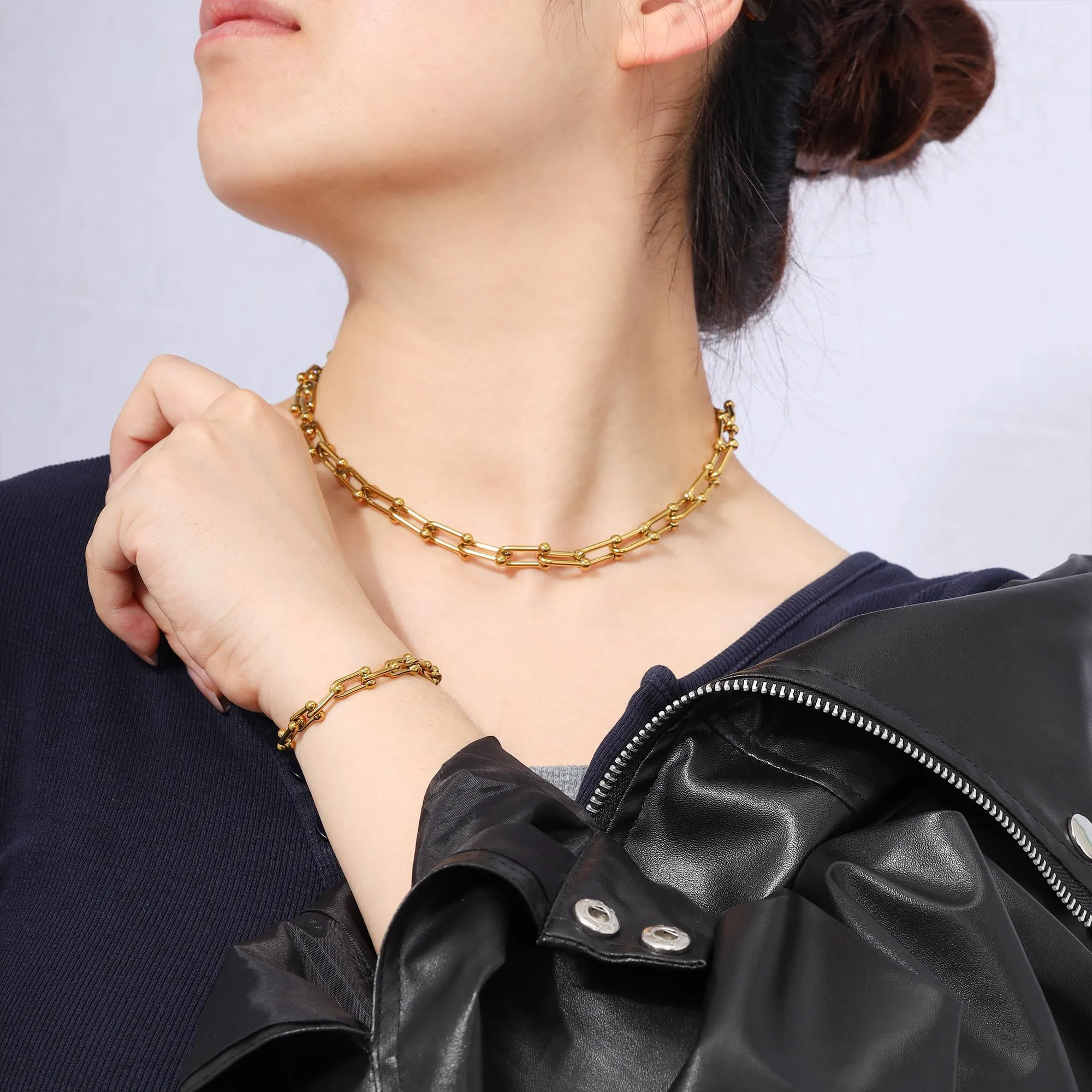 JJDreams Set Collana e Bracciale a Catena in Acciaio Inox, Oro - immagine 2