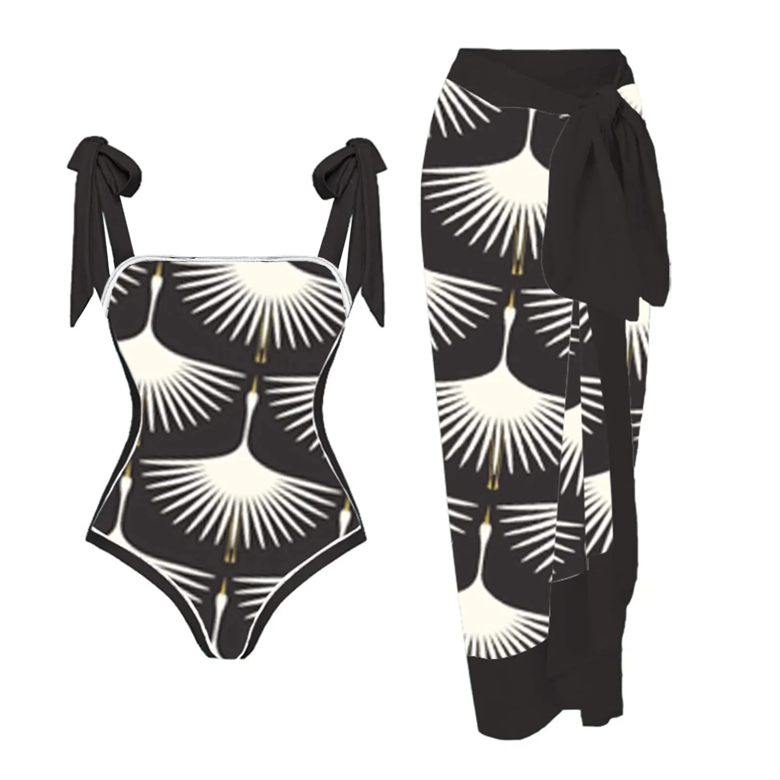 PAIDAXING Costume da bagno da donna 2 pezzi con pareo coordinato, stampa floreale vintage, monokini con gonna lunga avvolgente - immagine 2