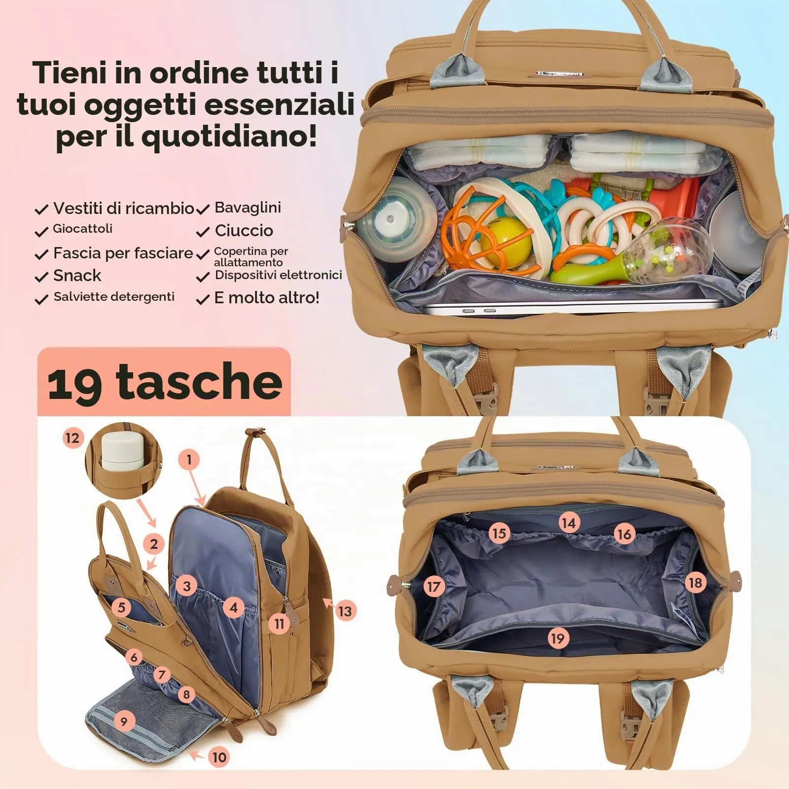 Dikaslon Zaino Fasciatoio Multifunzione con Fasciatoio Portatile e Cinturini per Passeggino, Marrone Chiaro - immagine 3