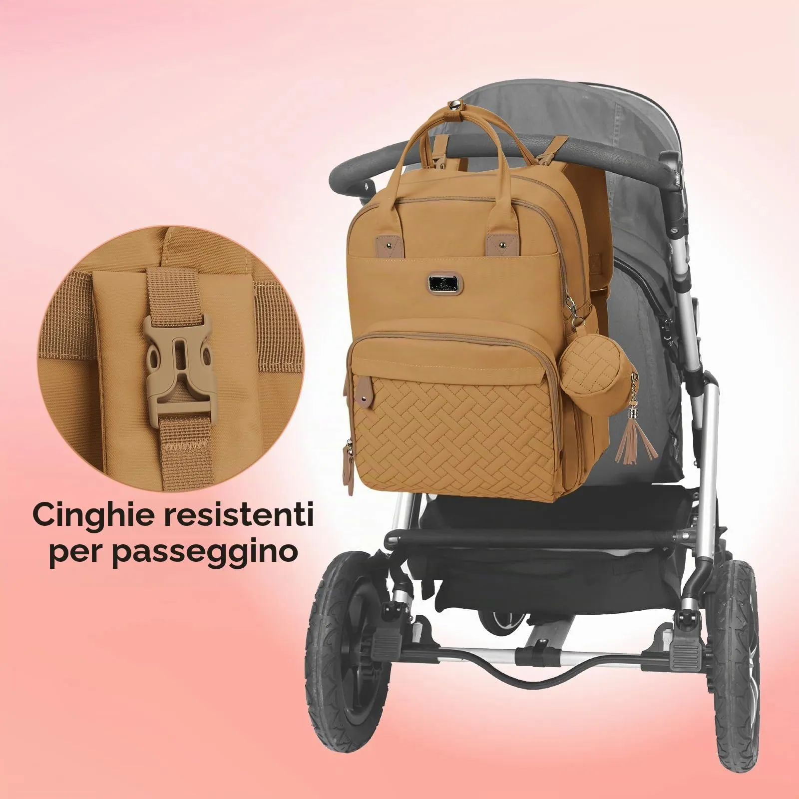 Dikaslon Zaino Fasciatoio Multifunzione con Fasciatoio Portatile e Cinturini per Passeggino, Marrone Chiaro - immagine 6