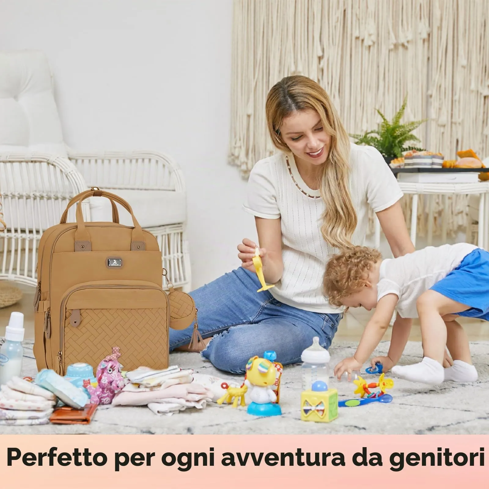 Dikaslon Zaino Fasciatoio Multifunzione con Fasciatoio Portatile e Cinturini per Passeggino, Marrone Chiaro - immagine 7