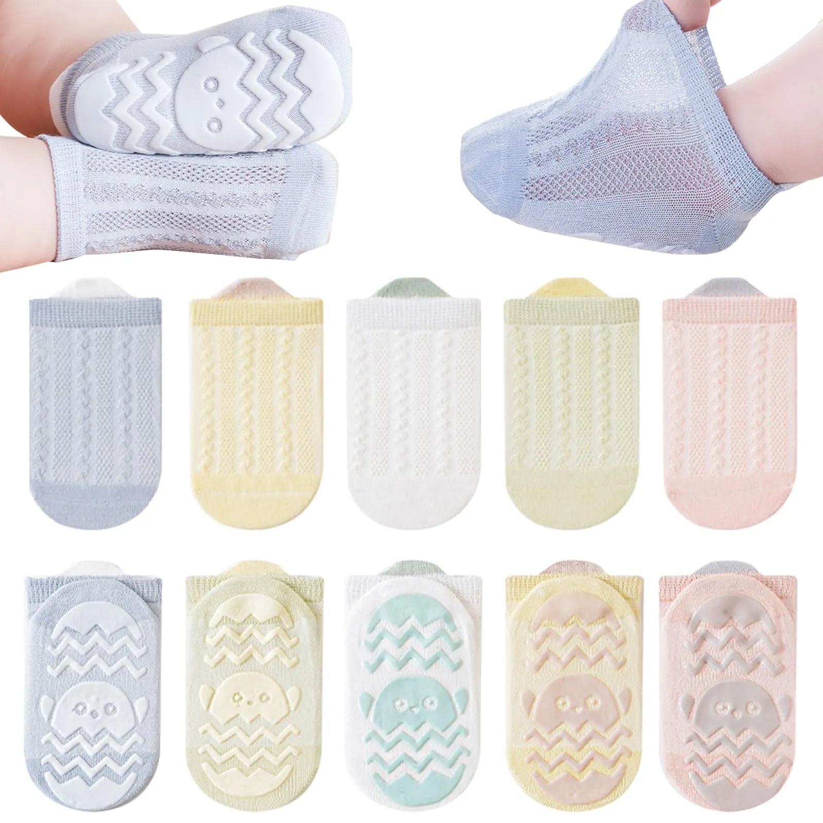 QIYIENDIAN Calzini a rete antiscivolo in cotone per bambini, 5 paia, Multicolor, 1-3Y - immagine 1