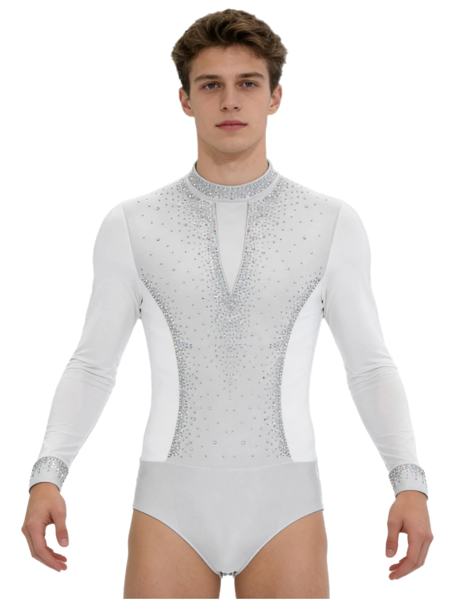 inhzoy Body da Ballo Uomo Latino Americano Tango con Strass, Bianco, S - immagine 2