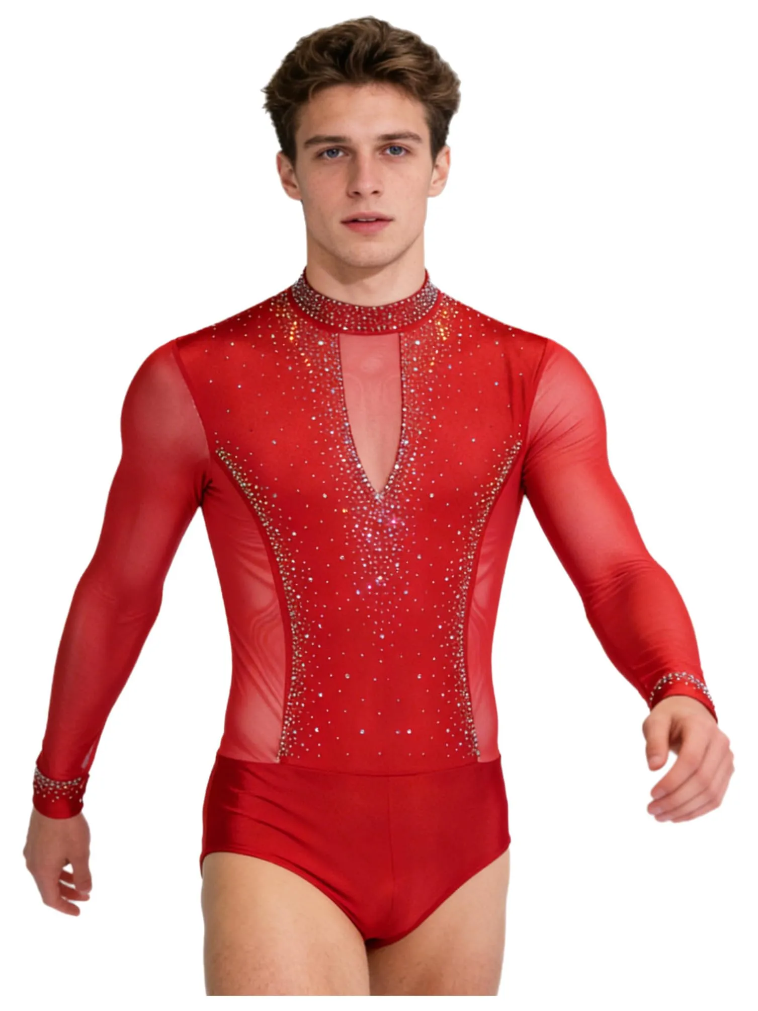 inhzoy Body da Ballo Uomo Latino Americano Tango con Strass, Rosso, L - immagine 2