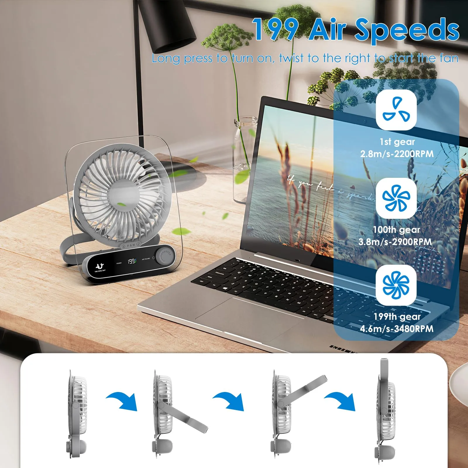 Simpeak Ventilatore da Tavolo Silenzioso con 199 Velocità, Portatile USB, 3000mAh, Grigio - immagine 6