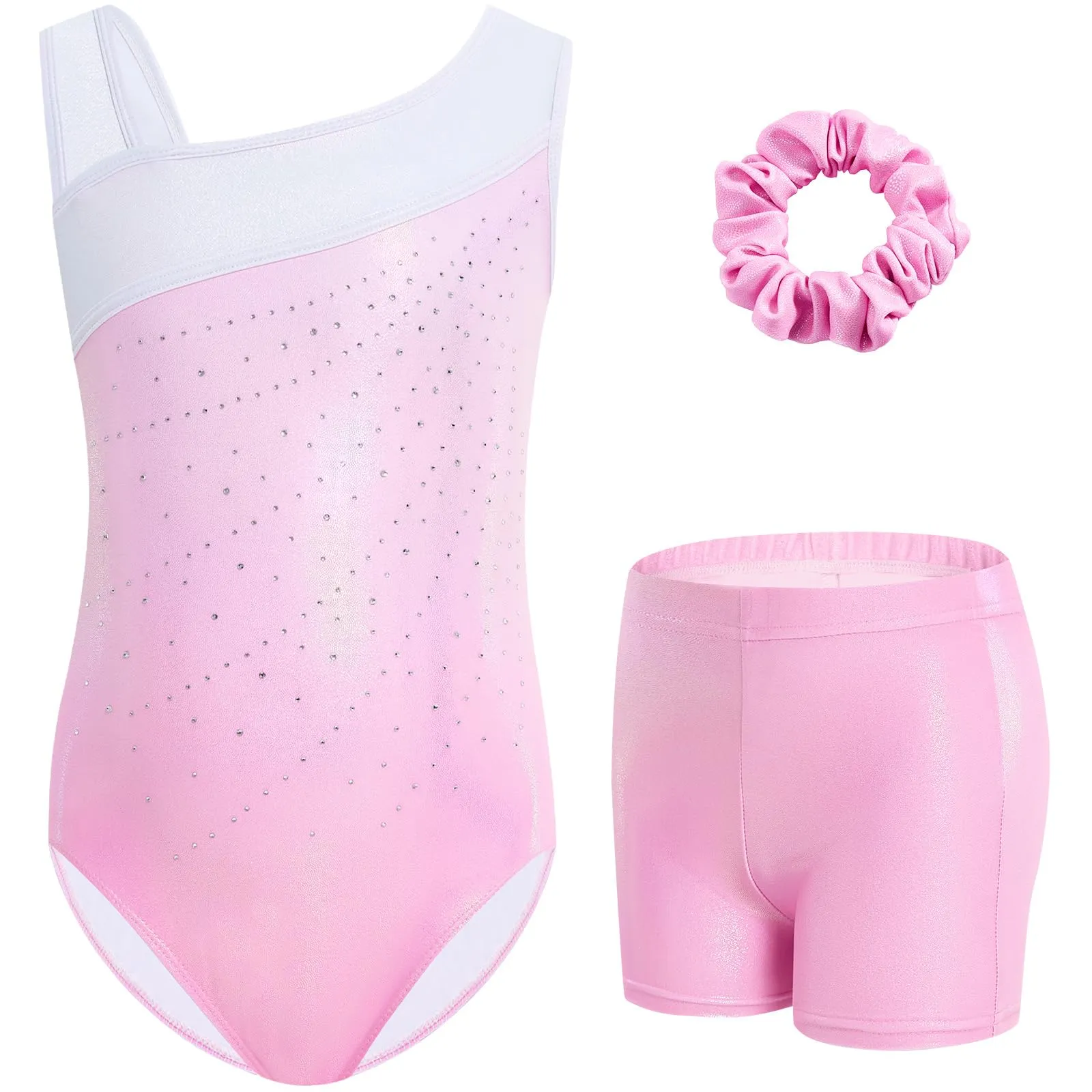 Gogokids Completo da Ginnastica per Bambina 3 Pezzi, Body senza maniche, Pantaloncini e Fascia capelli, Design sfumato, Rosa - immagine 1