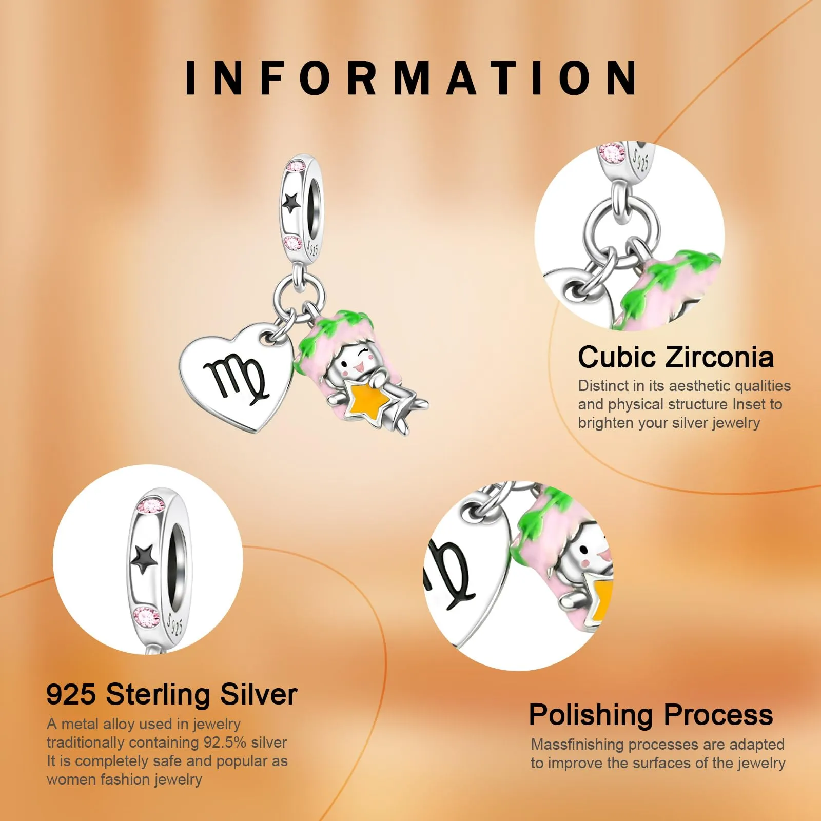 Rimgoris 925 Sterling Silver Constellation Luminous Effect Pendant Charm for Bracelets and Necklaces, Virgo with Zirconia - immagine 4