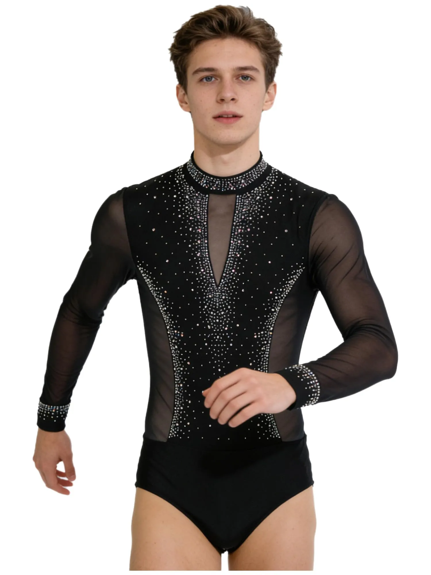 inhzoy Body da Ballo Uomo Latino Americano Tango con Strass, Nero, L - immagine 2