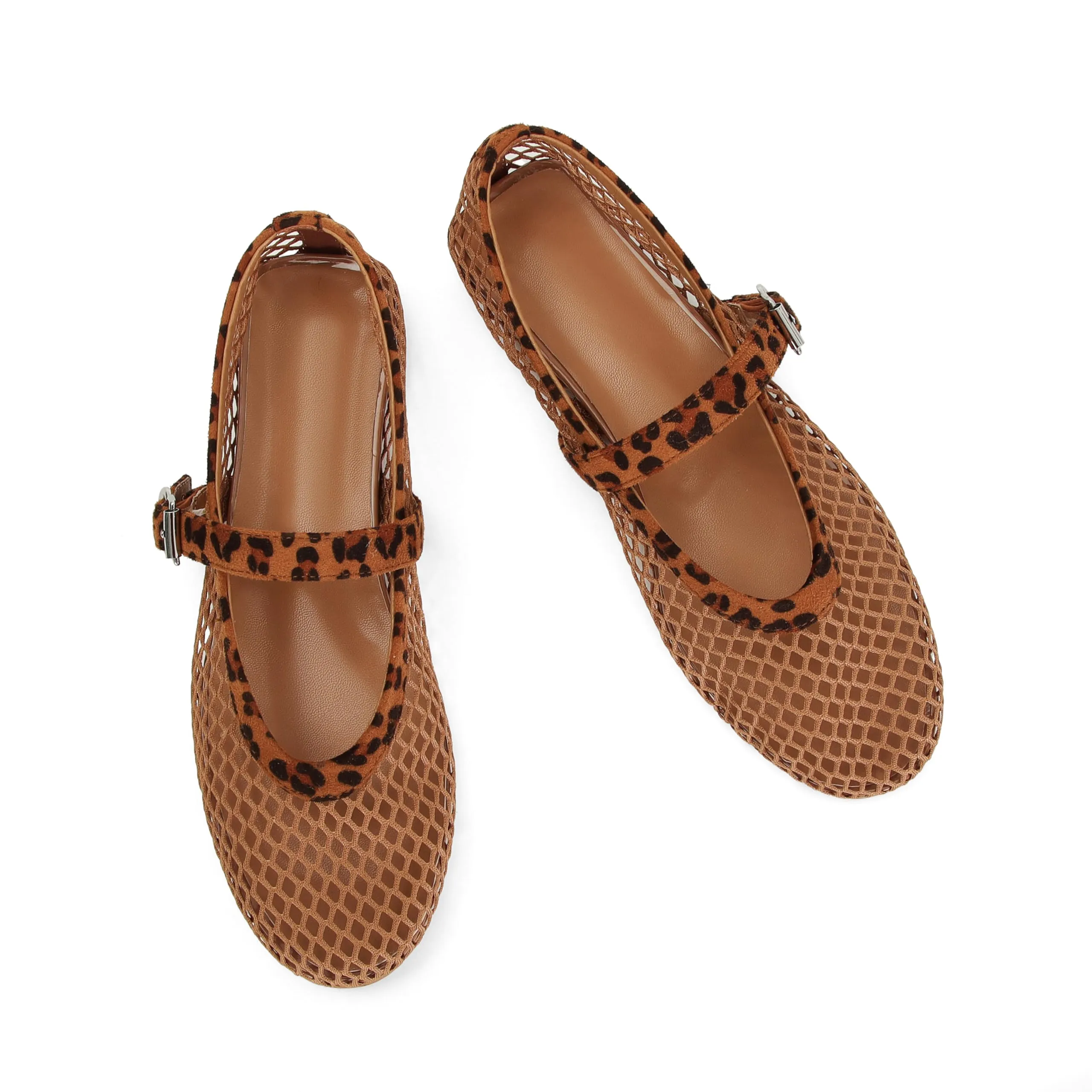DOEYG Ballerine in rete da donna con fibbia, Marrone leopardato, 39 EU - immagine 4