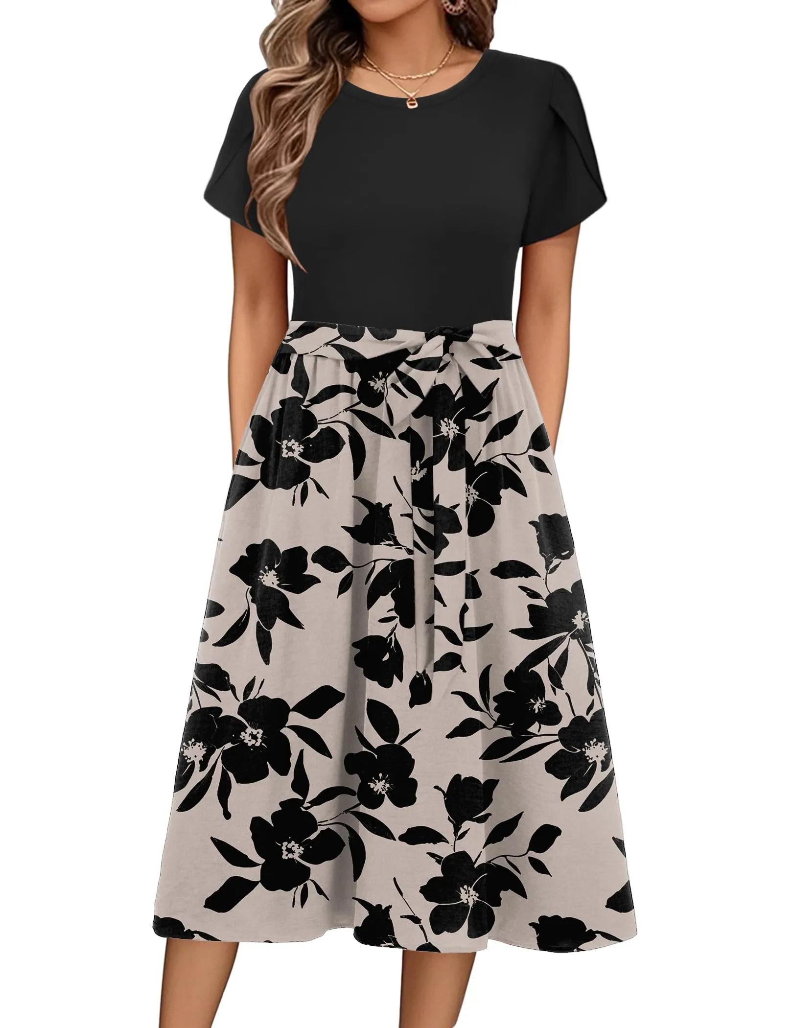 Zeagoo Abito Midi Elegante da Donna con Manica Corta e Scollo Rotondo - immagine 1