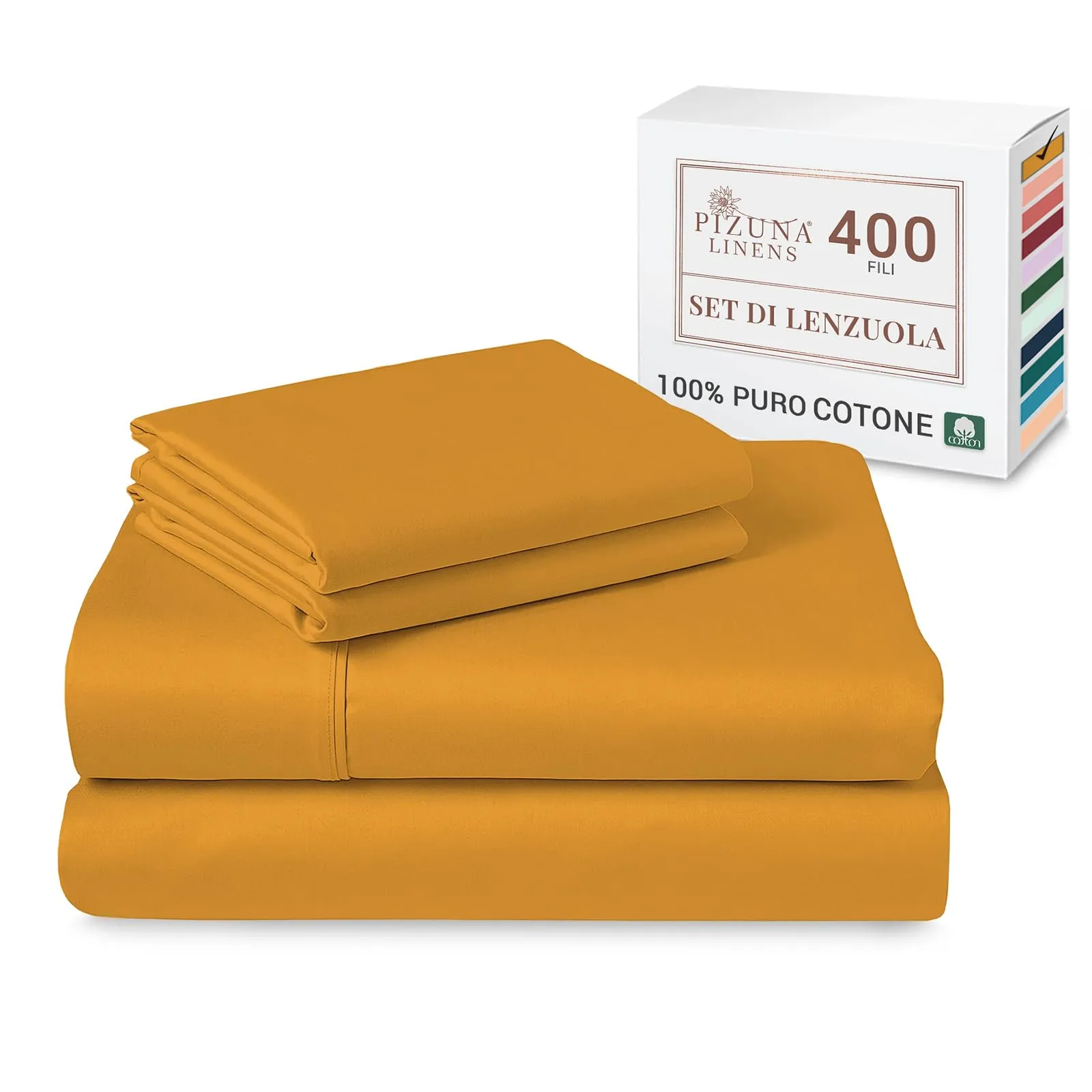 Pizuna Linens Set Lenzuola Letto King Size, Cotone 400 Fili, 160x200 cm, Oro, 4 Pezzi - immagine 1