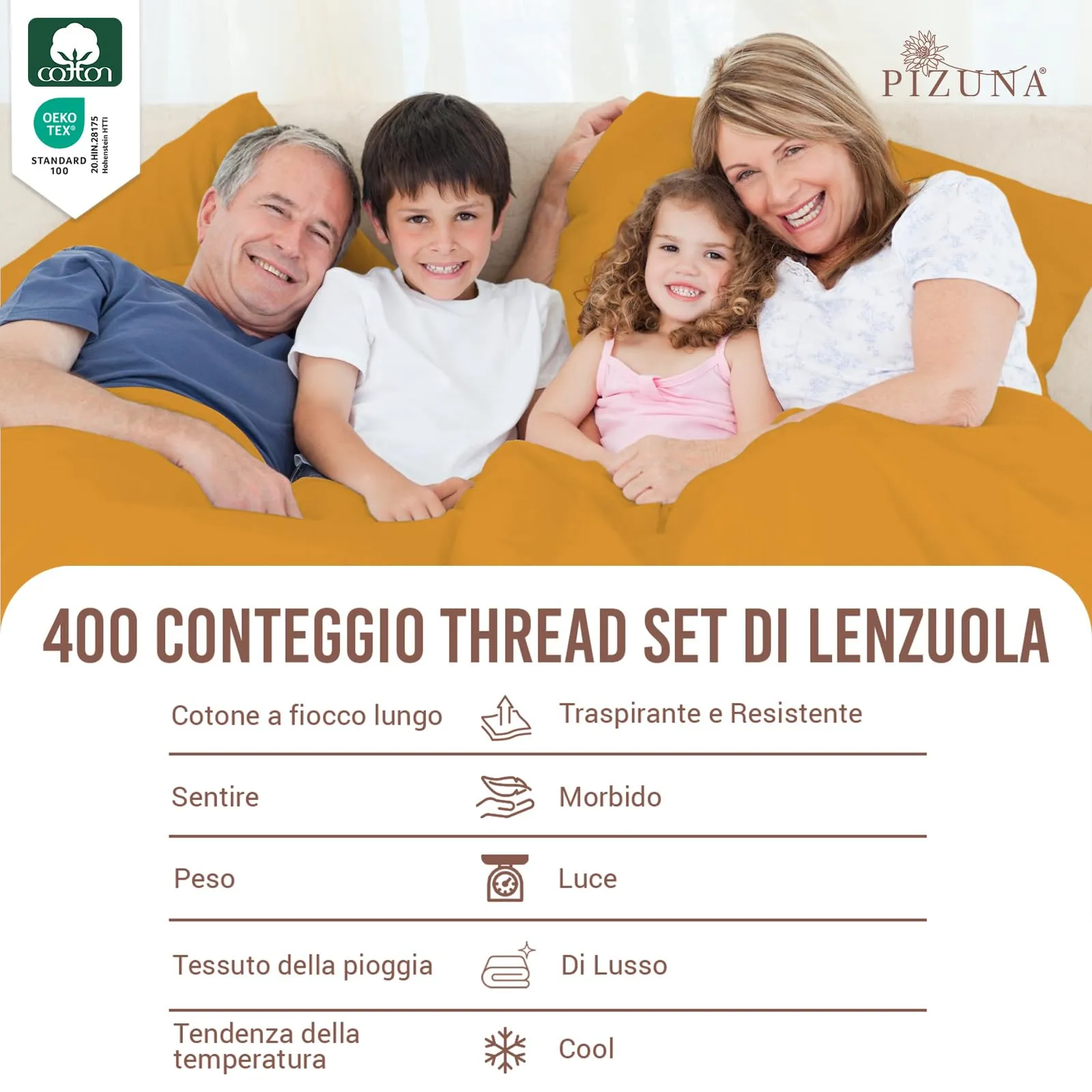 Pizuna Linens Set Lenzuola Letto King Size, Cotone 400 Fili, 160x200 cm, Oro, 4 Pezzi - immagine 2