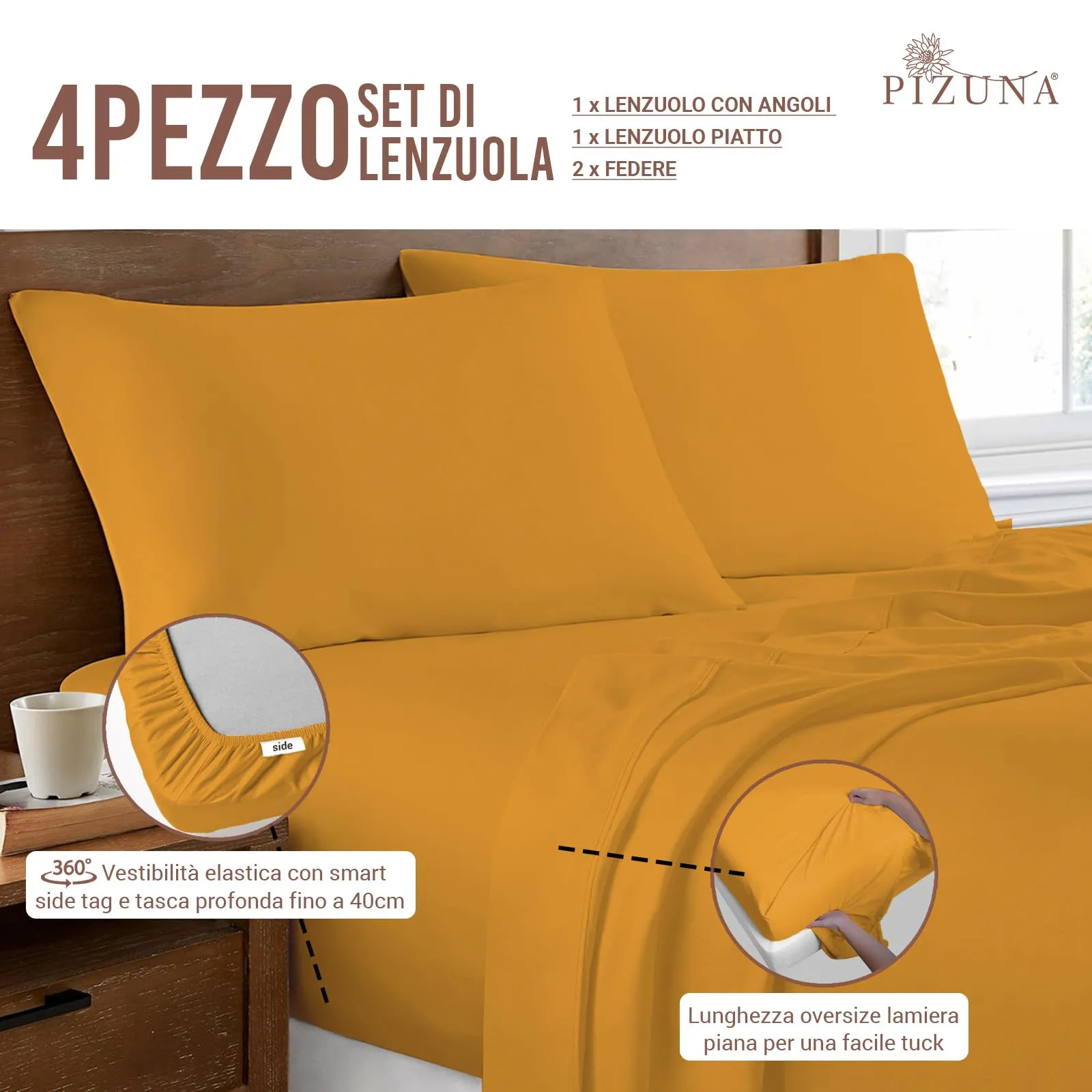 Pizuna Linens Set Lenzuola Letto King Size, Cotone 400 Fili, 160x200 cm, Oro, 4 Pezzi - immagine 3