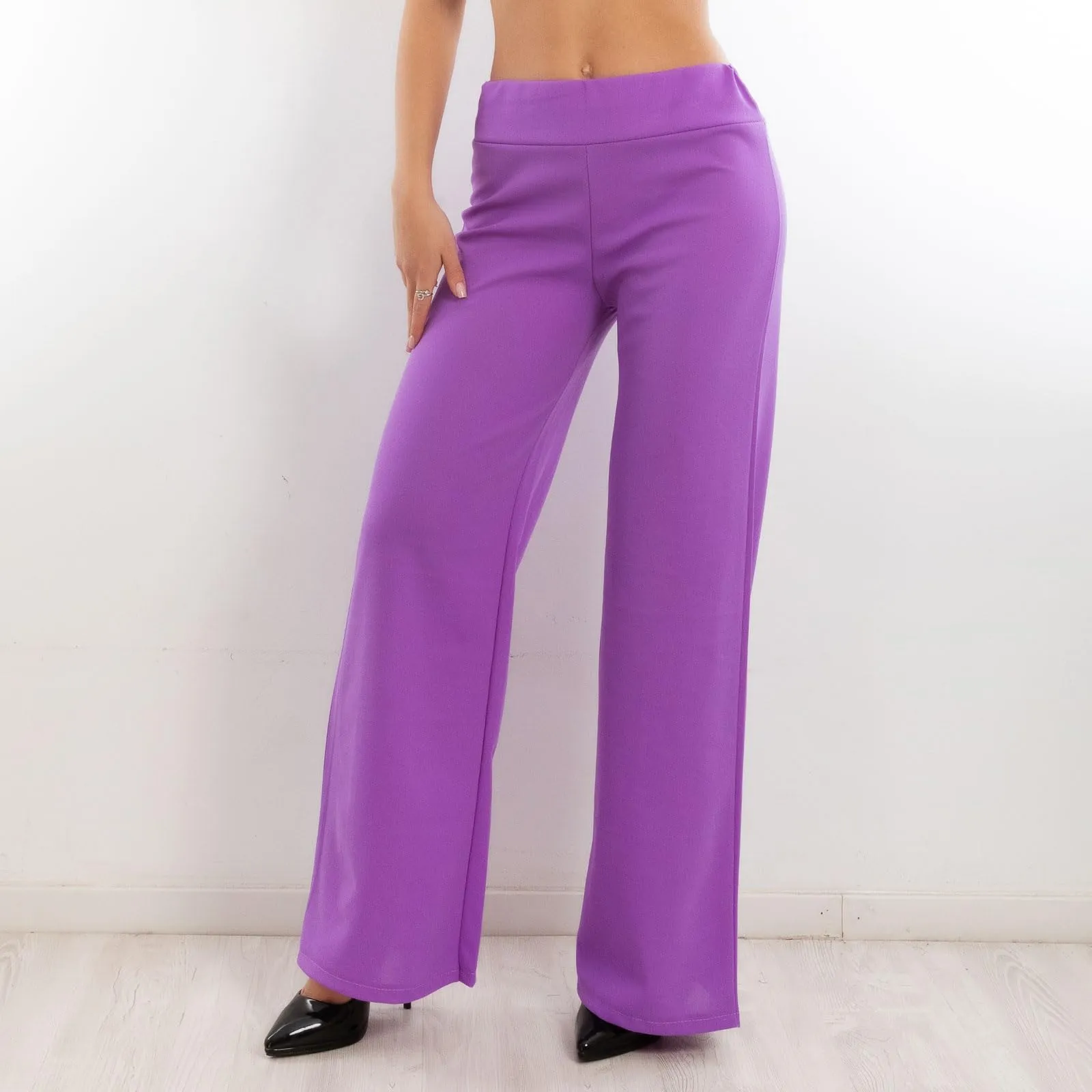 Toocool Pantaloni Donna a Palazzo Basic Elastico in Vita VI-9292, Viola, S - immagine 6