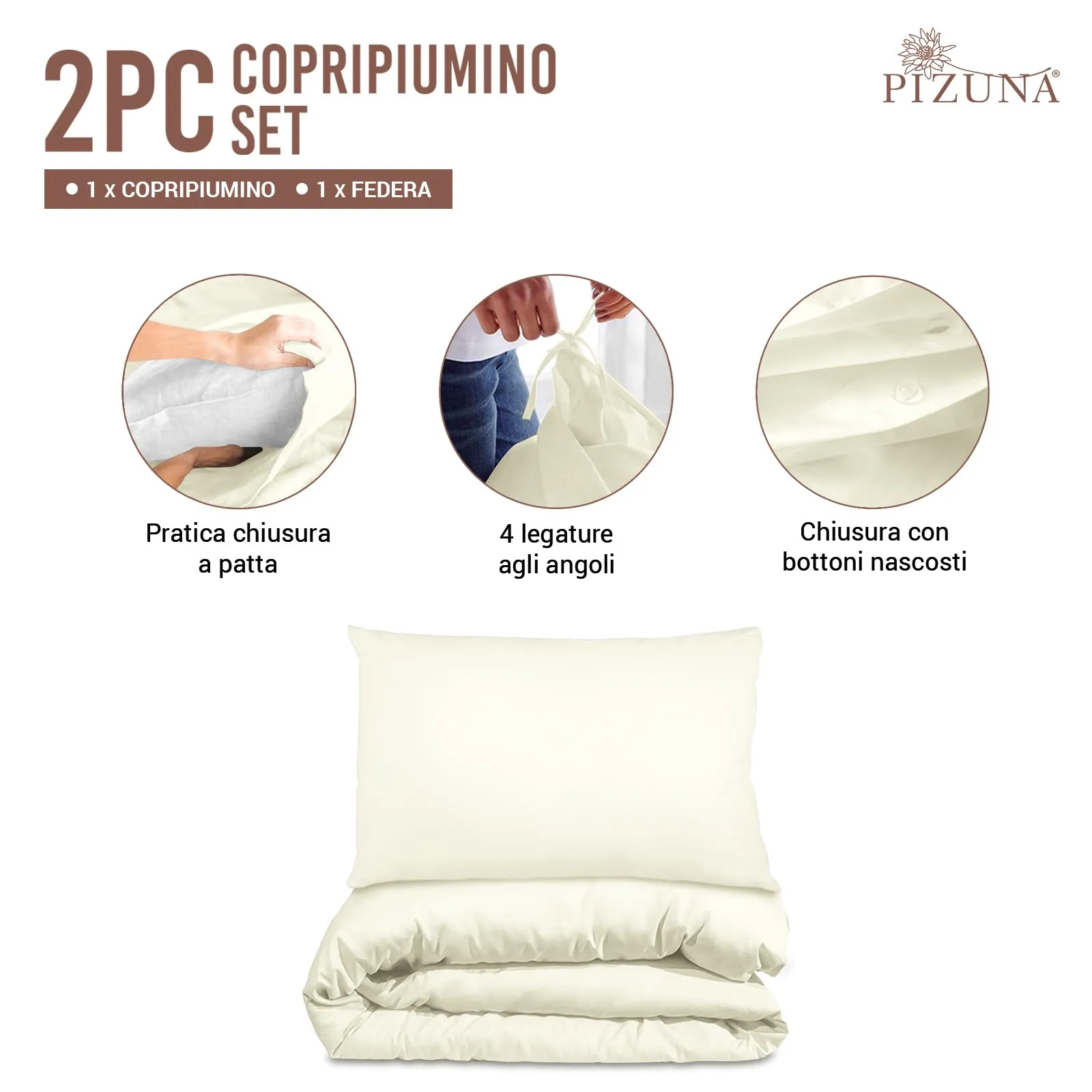 Pizuna Linens Set Copripiumino Matrimoniale in Cotone 400 Fili, 240x200 cm, Bianco, 3 Pezzi - immagine 3
