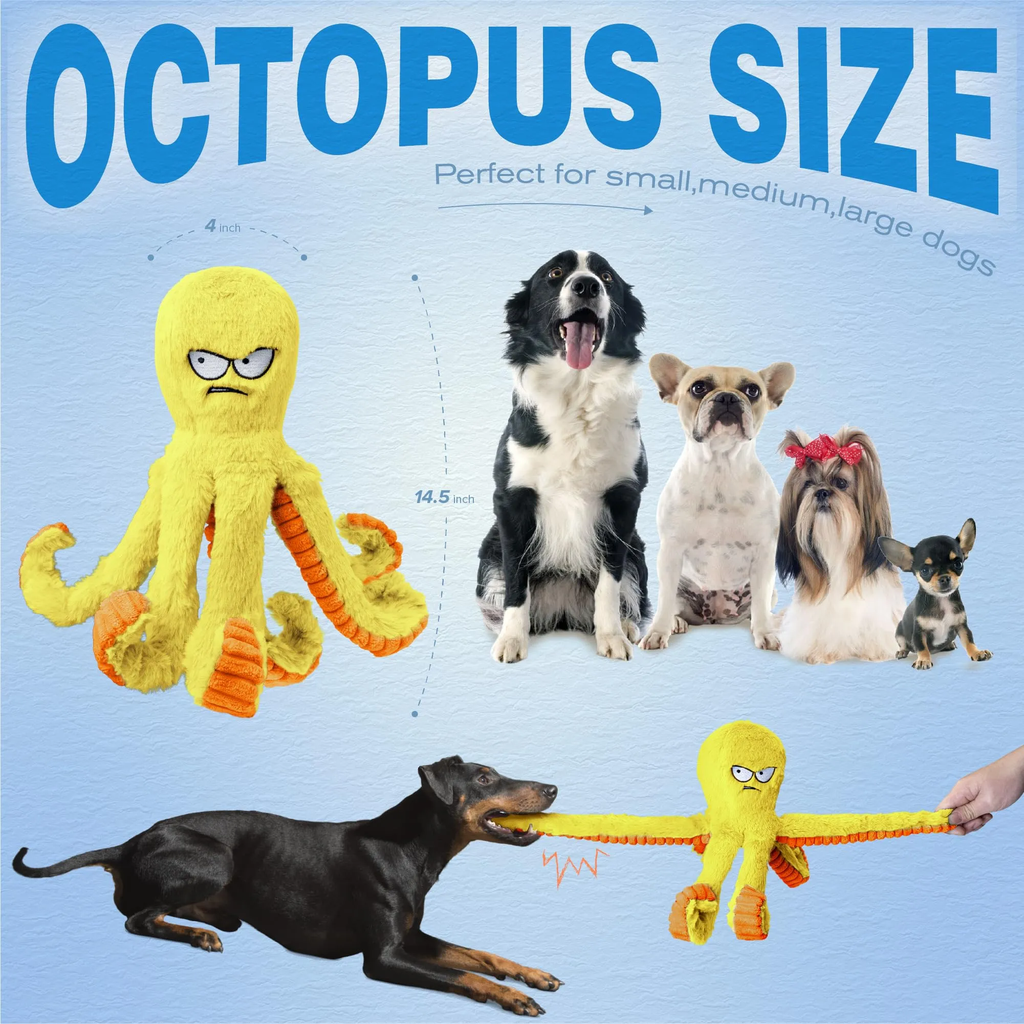 LEGEND SANDY Giocattolo per cani a forma di polpo giallo, resistente, interattivo con squittio e fune, per cani di grandi dimensioni - immagine 5