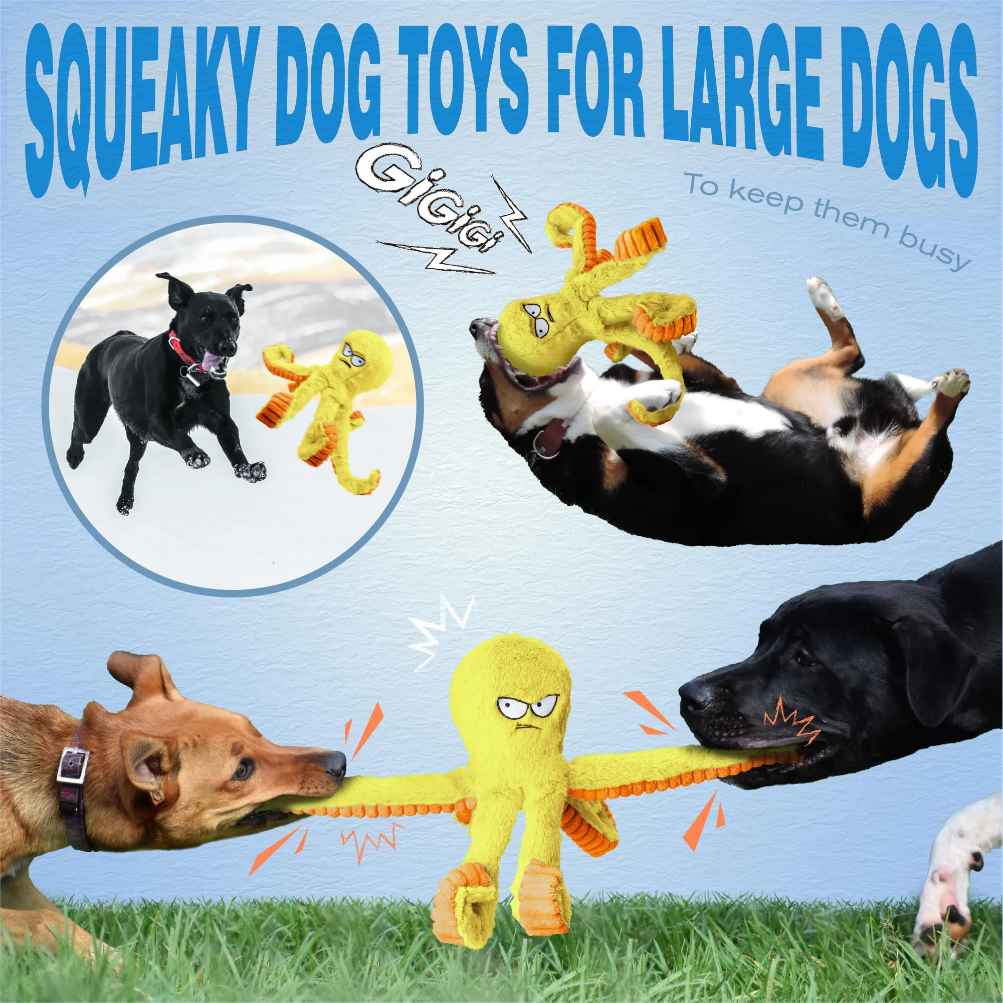 LEGEND SANDY Giocattolo per cani a forma di polpo giallo, resistente, interattivo con squittio e fune, per cani di grandi dimensioni - immagine 6