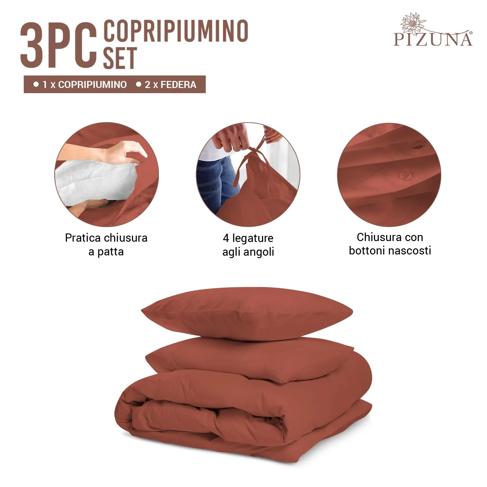 Pizuna Linens Set Copripiumino Matrimoniale in Cotone 400 fili, 240x200 cm, Rosso, 3 Pezzi - immagine 3
