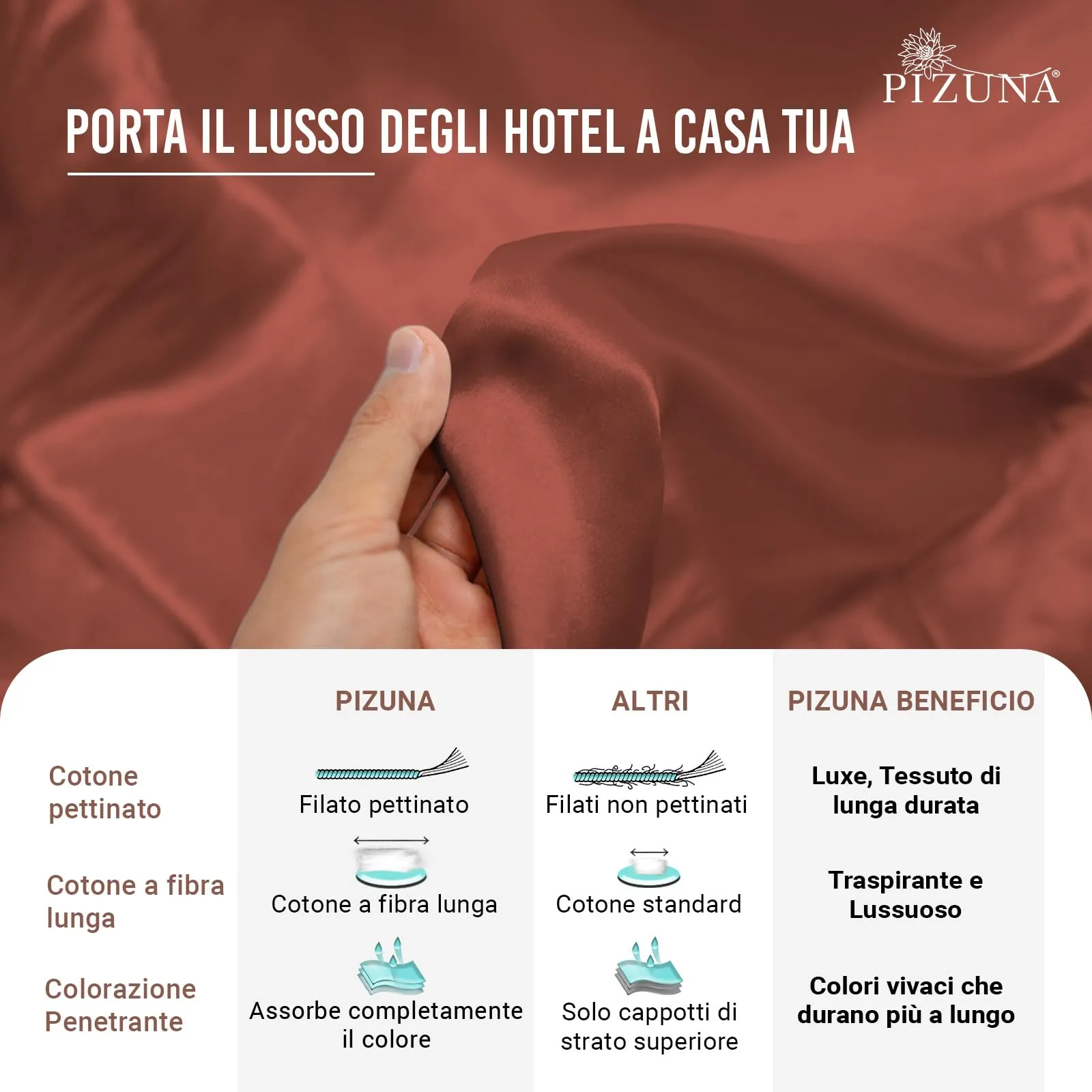 Pizuna Linens Set Copripiumino in Cotone Sateen 400 Fili, 200x200 cm, Rosso, 3 Pezzi - immagine 5