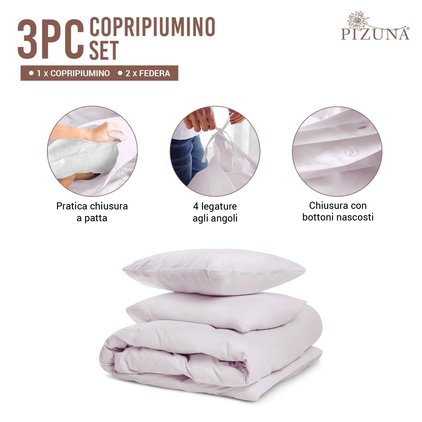 Pizuna Linens Set Copripiumino in Cotone 400 Fili, Trama Sateen, Lilla, 200x200 cm, 3 Pezzi - immagine 3