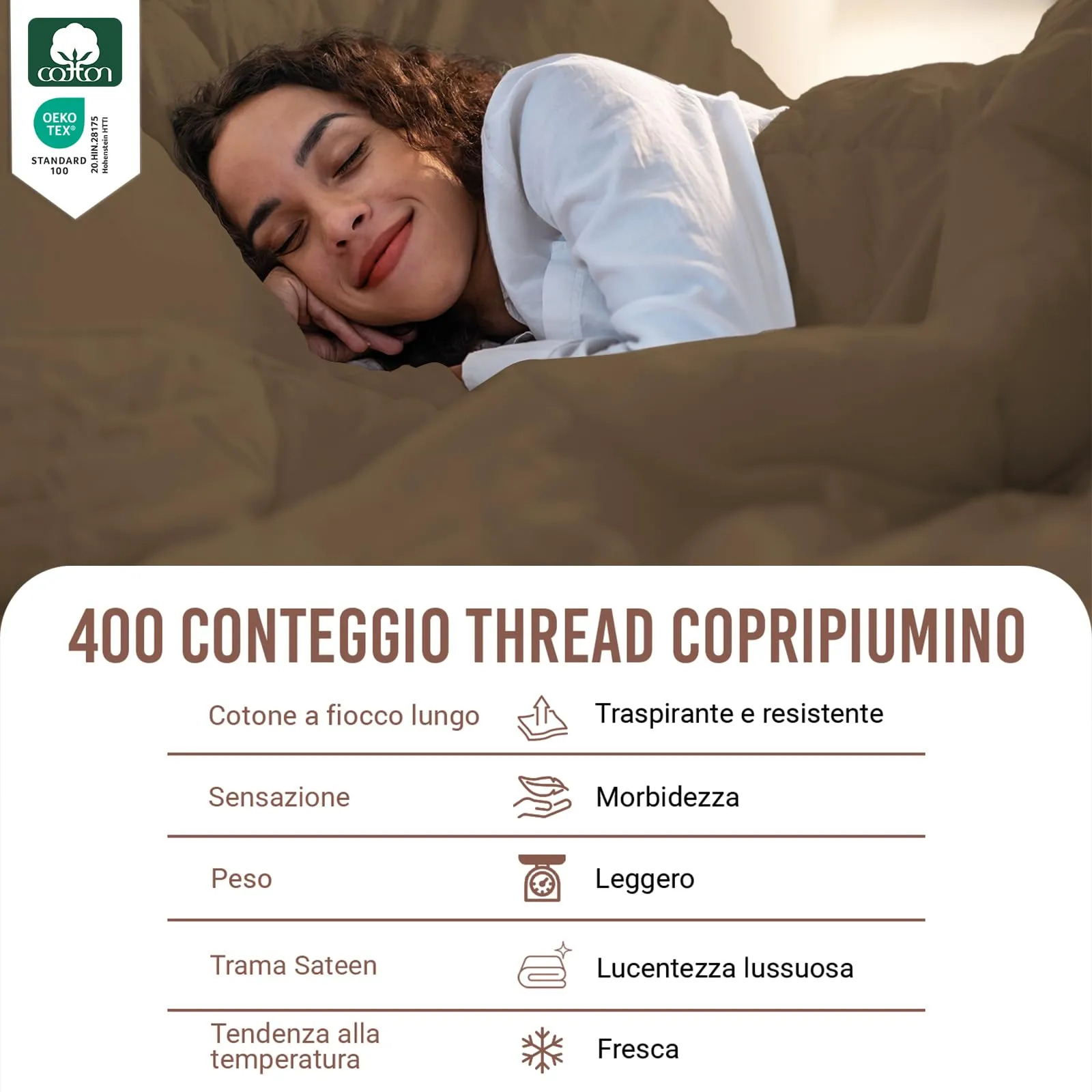 Pizuna Linens Set Copripiumino in Cotone Sateen 400 Fili, Marrone, 200x200 cm, 3 Pezzi - immagine 2