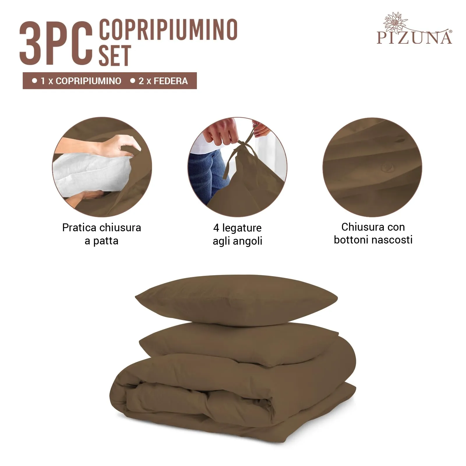 Pizuna Linens Set Copripiumino in Cotone Sateen 400 Fili, Marrone, 200x200 cm, 3 Pezzi - immagine 3