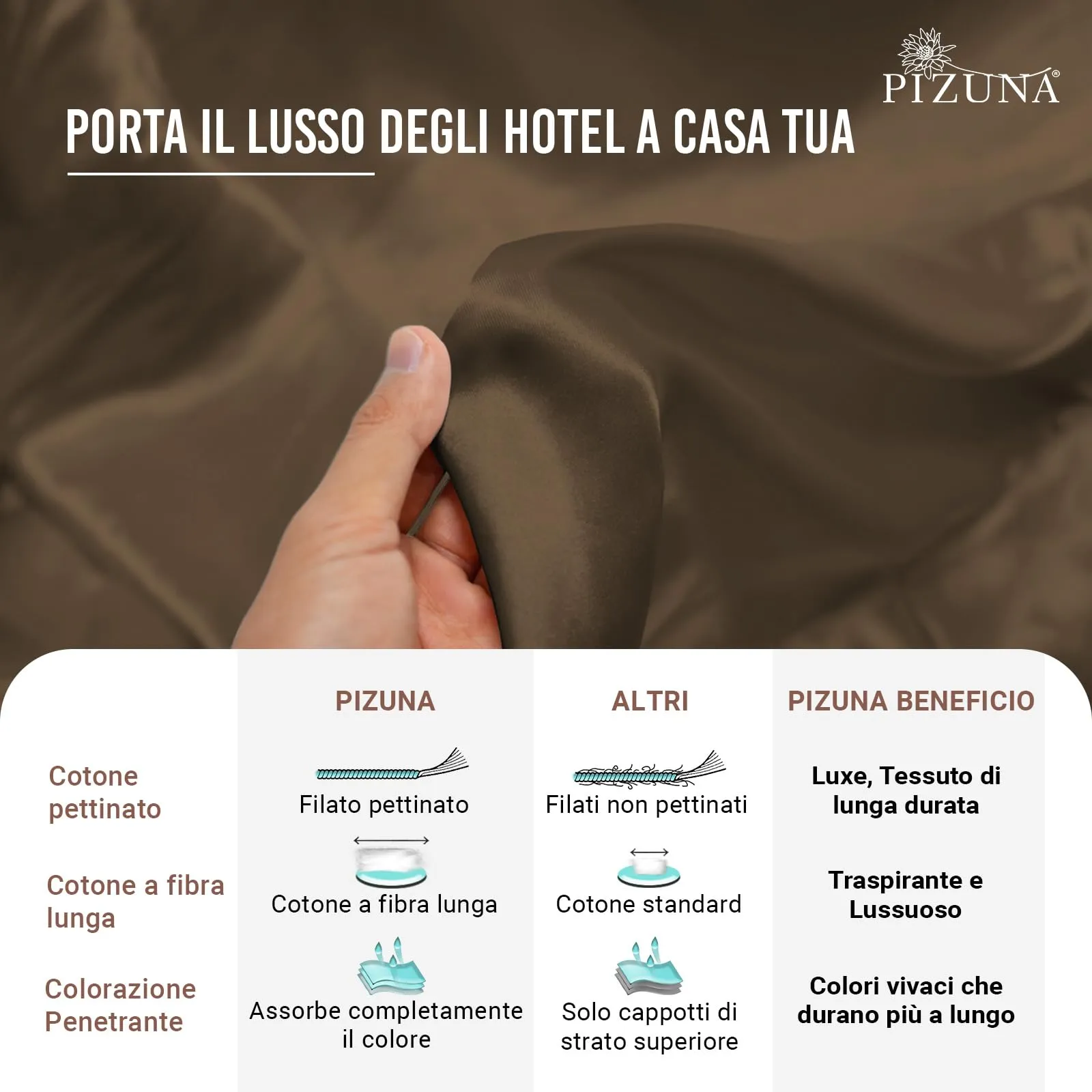 Pizuna Linens Set Copripiumino in Cotone Sateen 400 Fili, Marrone, 200x200 cm, 3 Pezzi - immagine 5