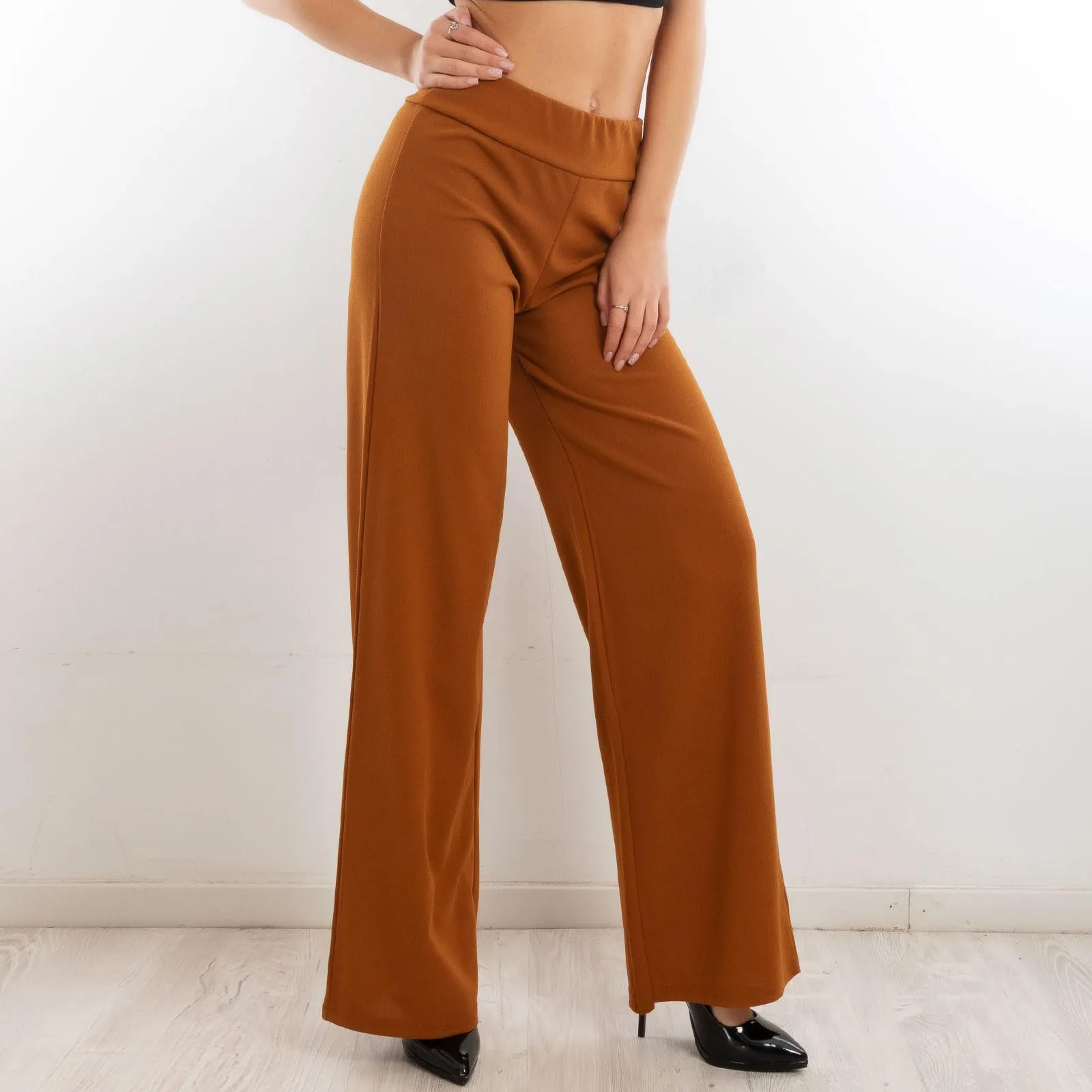 Toocool Pantaloni Donna a Palazzo Basic Elastico in Vita VI-9292 Camel, M - immagine 7