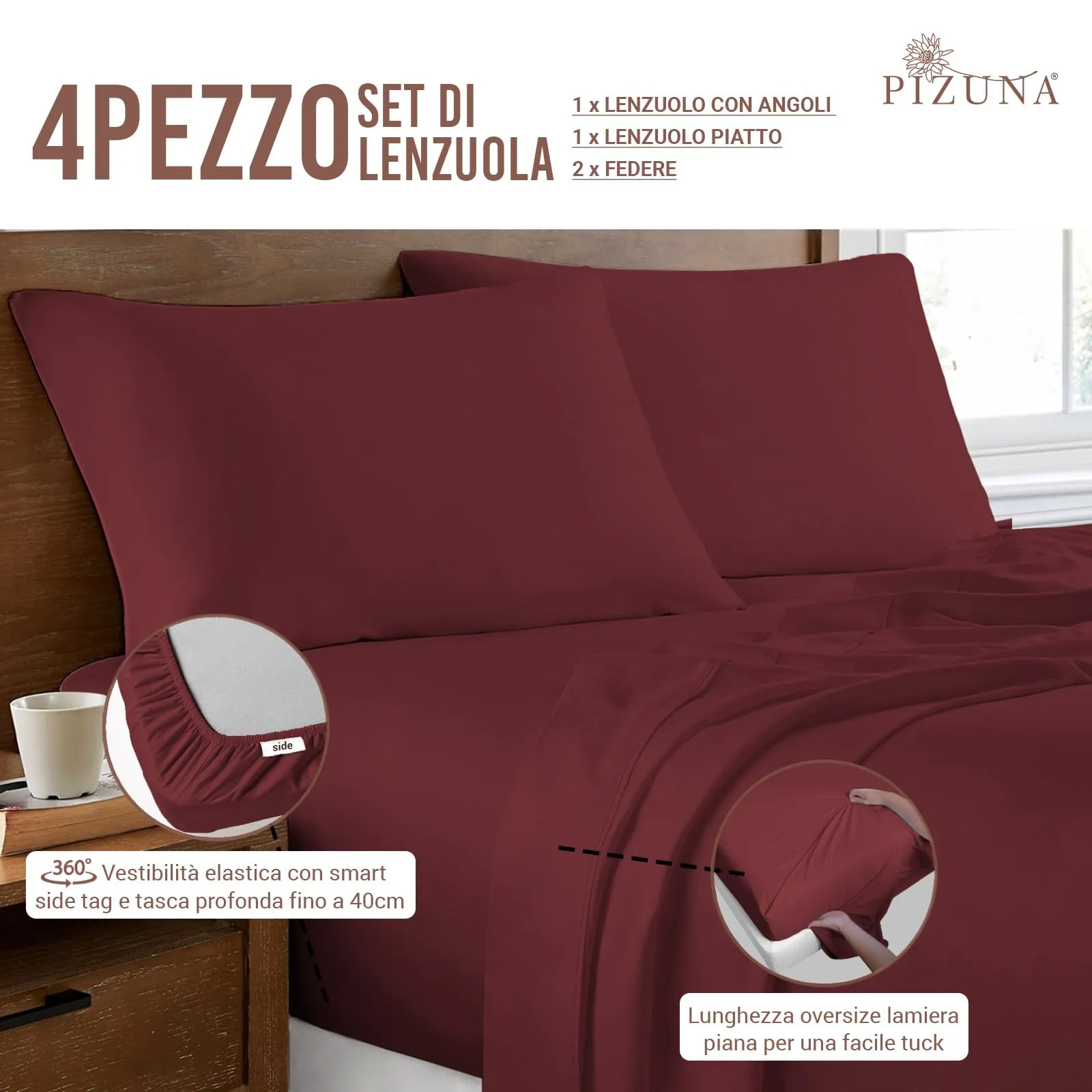 Pizuna Linens Set Lenzuola Letto King Size Cotone 400 Fili 160x200 cm Rosso, 4 Pezzi - immagine 3