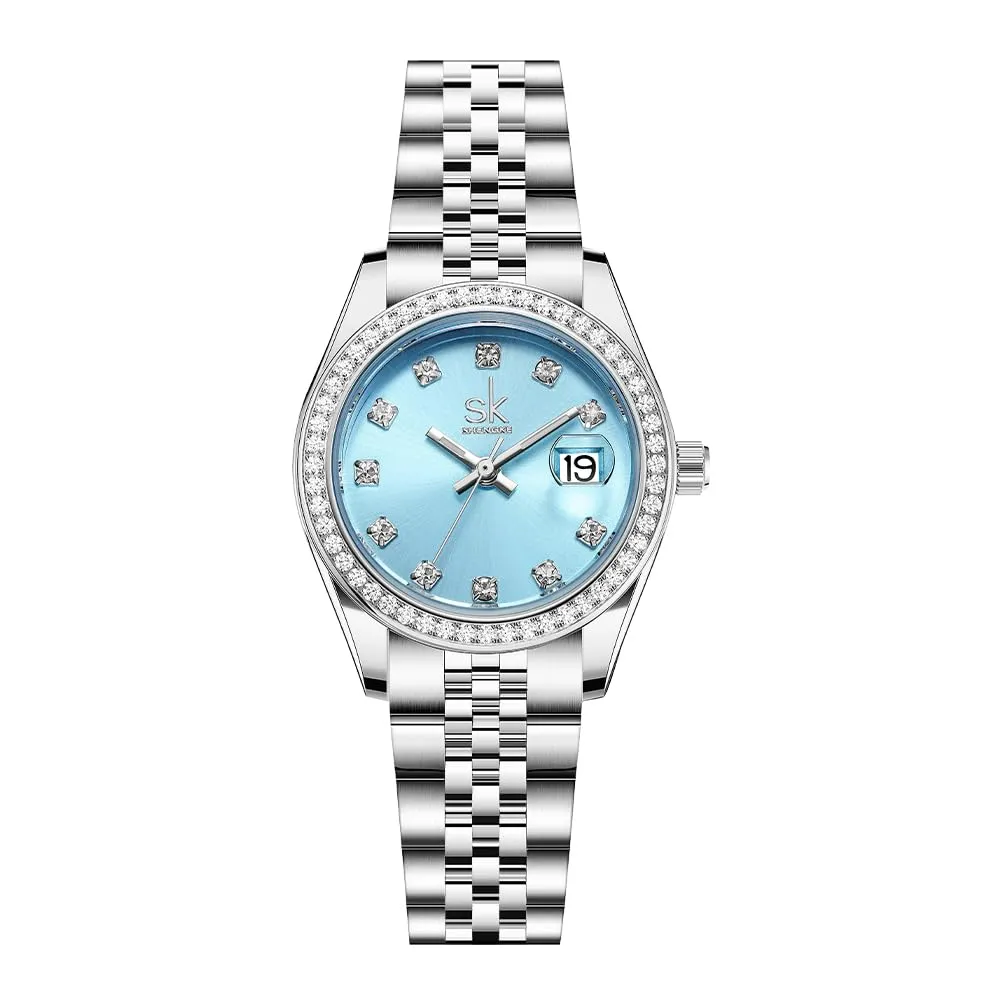 SHENGKE Orologio da Donna in Acciaio Inossidabile con Cristalli e Calendario - Argento e Blu Cielo - immagine 1