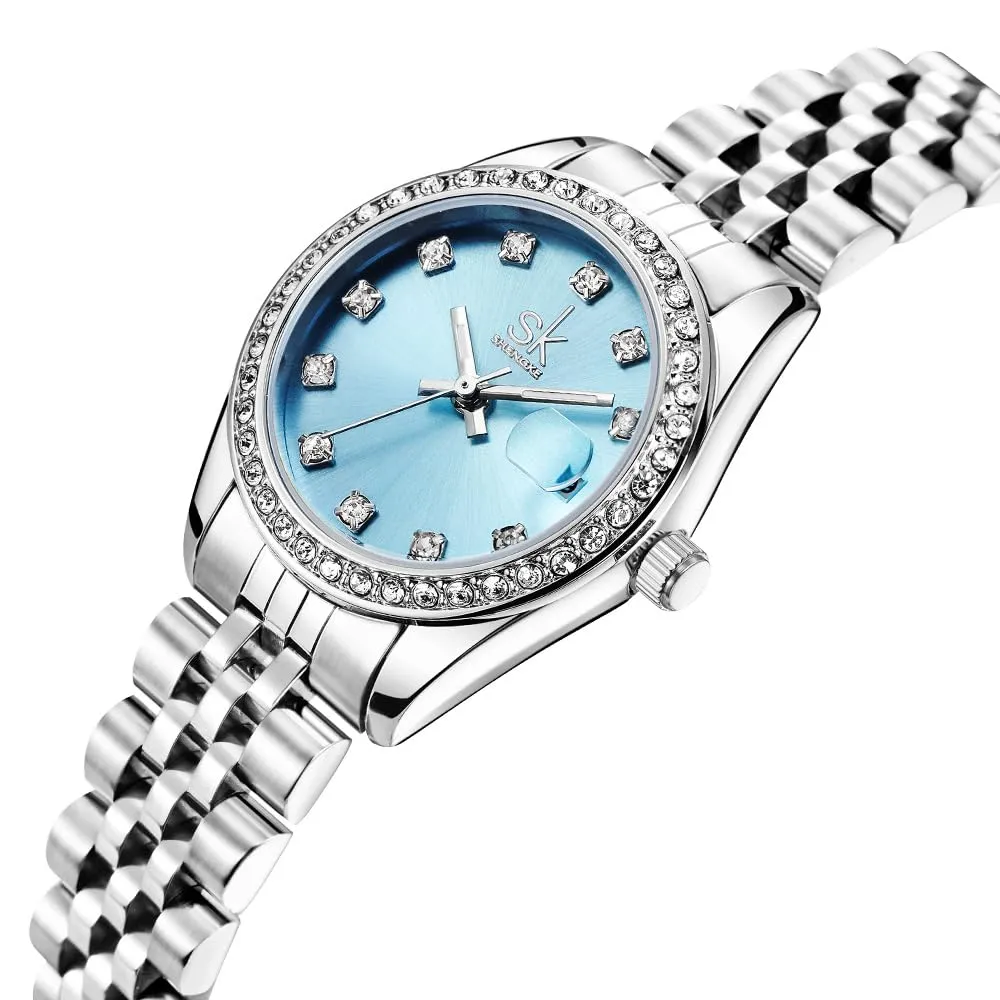 SHENGKE Orologio da Donna in Acciaio Inossidabile con Cristalli e Calendario - Argento e Blu Cielo - immagine 3