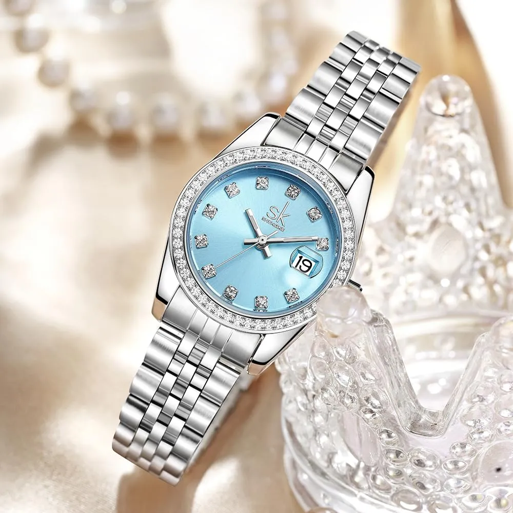SHENGKE Orologio da Donna in Acciaio Inossidabile con Cristalli e Calendario - Argento e Blu Cielo - immagine 4