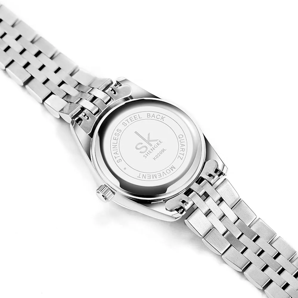 SHENGKE Orologio da Donna in Acciaio Inossidabile con Cristalli e Calendario - Argento e Blu Cielo - immagine 5