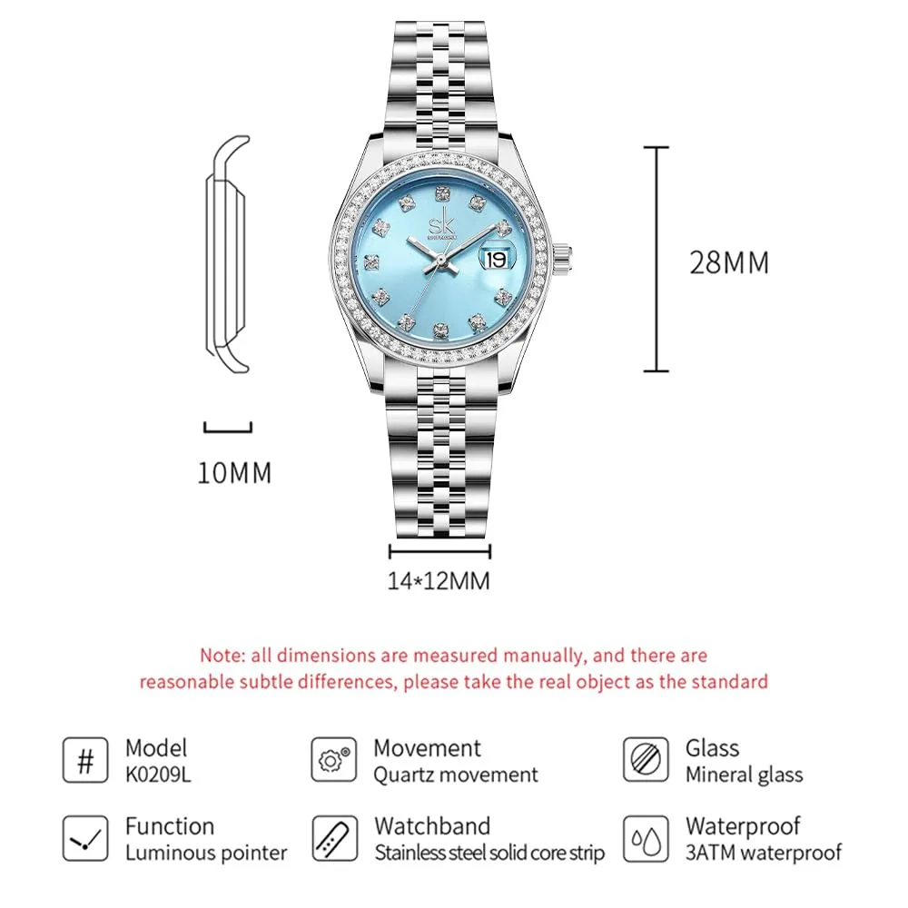 SHENGKE Orologio da Donna in Acciaio Inossidabile con Cristalli e Calendario - Argento e Blu Cielo - immagine 6
