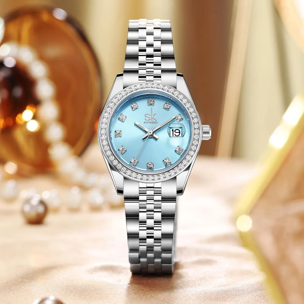 SHENGKE Orologio da Donna in Acciaio Inossidabile con Cristalli e Calendario - Argento e Blu Cielo - immagine 7