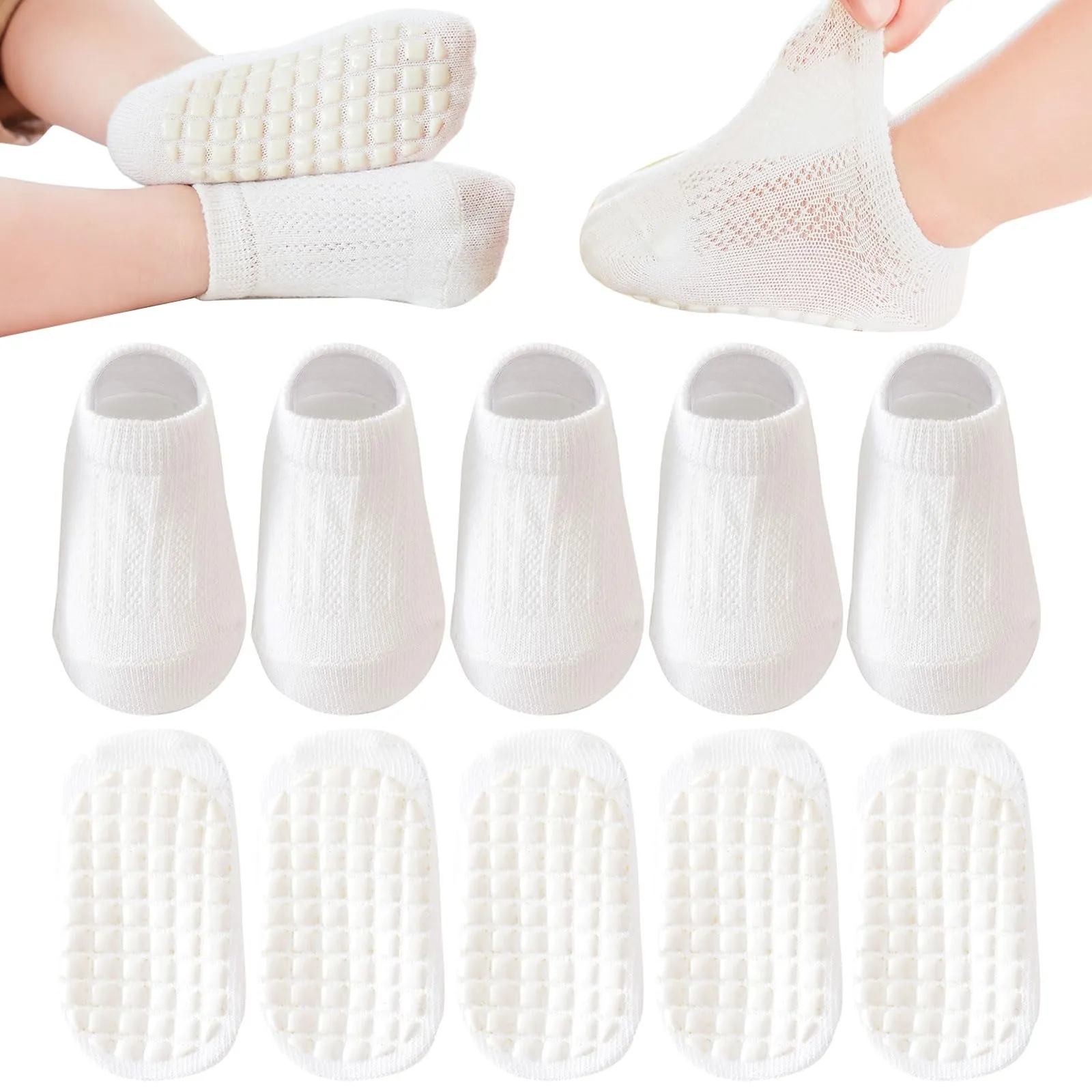 QIYIENDIAN Calzini a rete Antiscivolo in Cotone per Bambini, 5 Paia, Bianco, 1-3Y - immagine 1