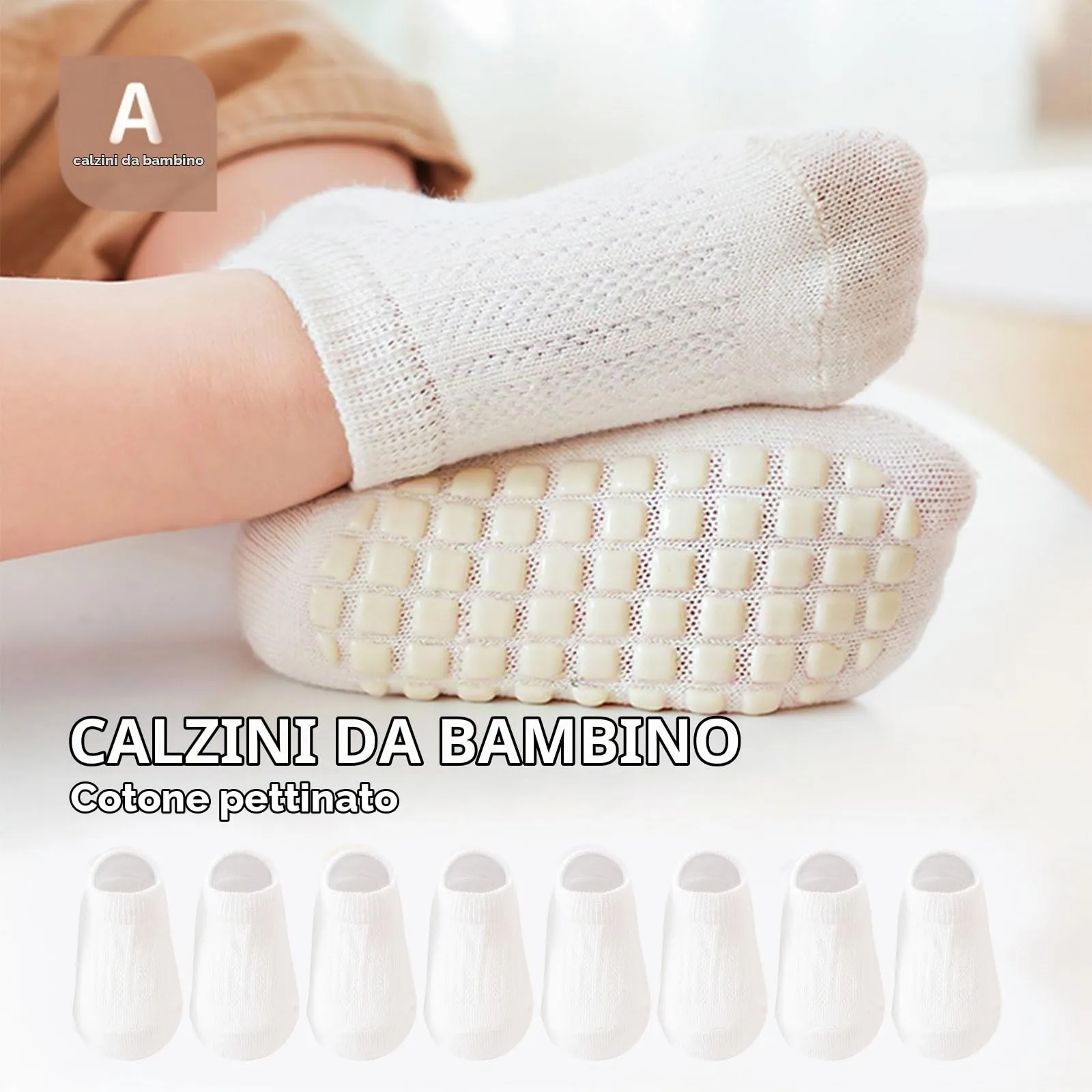 QIYIENDIAN Calzini a rete antiscivolo in cotone per bambini, 5 paia, Bianco, 0-12M - immagine 2
