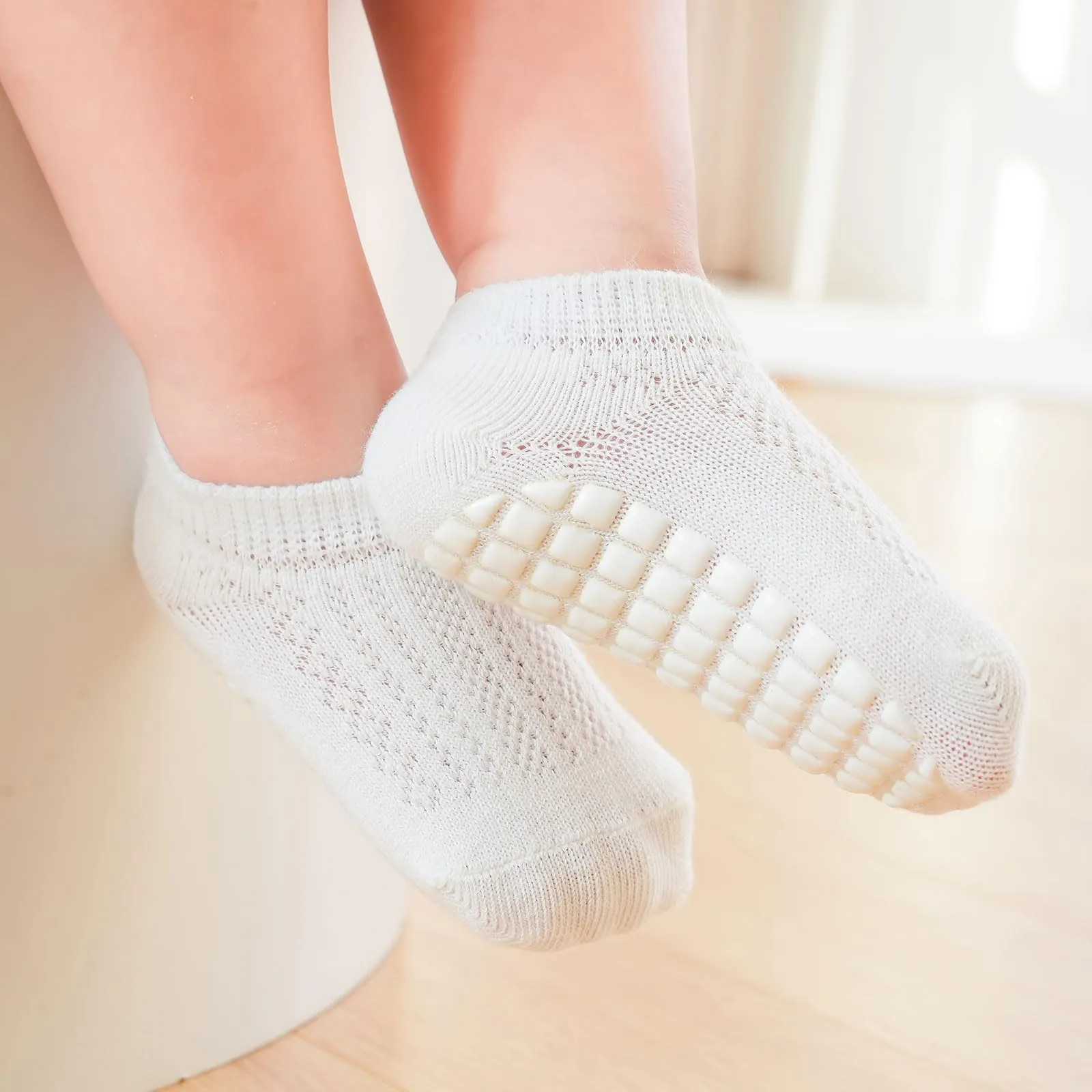 QIYIENDIAN Calzini a rete antiscivolo in cotone per bambini, 5 paia, Bianco, 0-12M - immagine 6